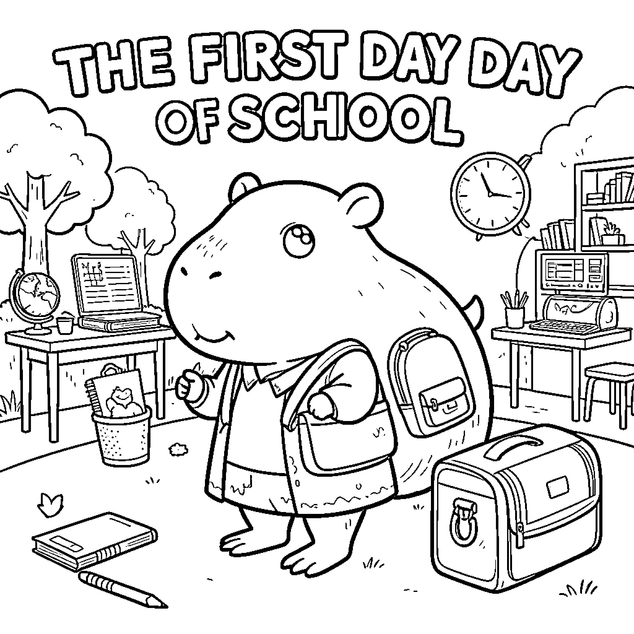 Capybara wearing a backpack ready for school Coloring Page (free black-and-white line drawing printable PDF for all, from beginners to advanced learners, including children, teens, adults, and seniors)