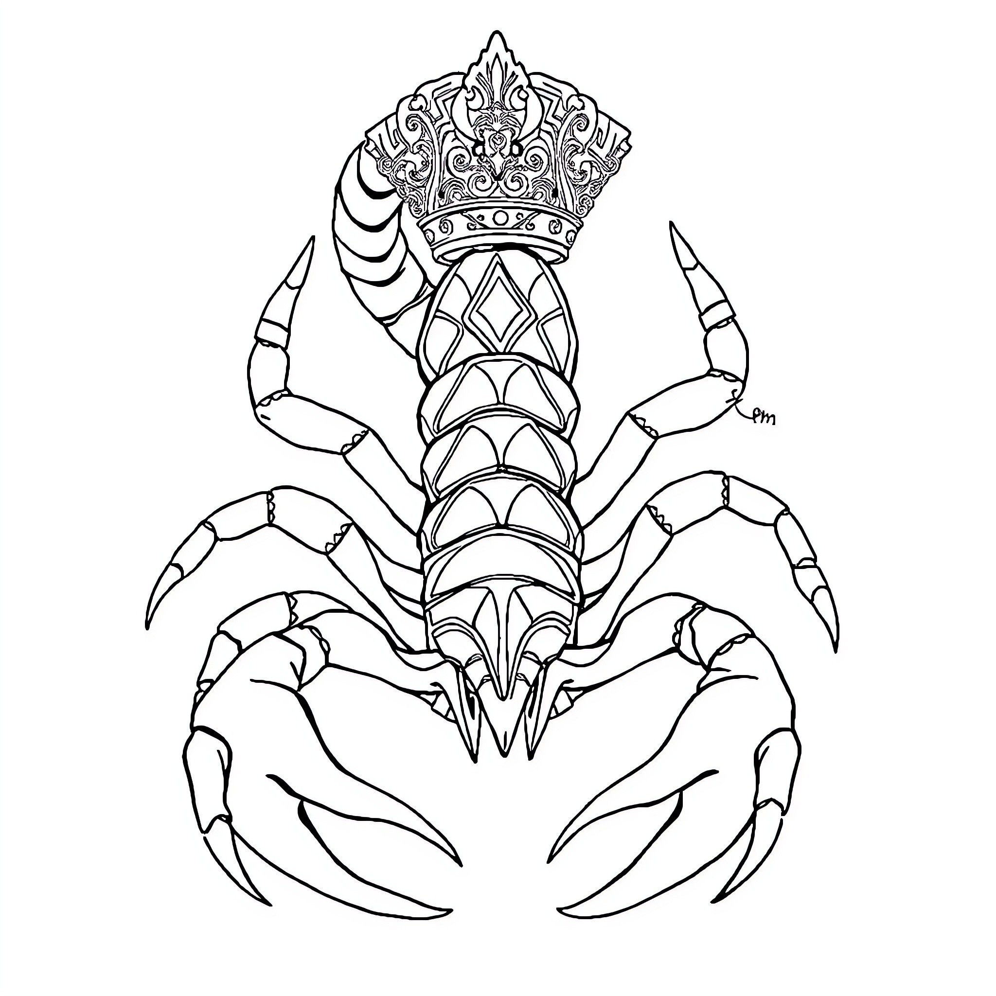 Scorpion in ornate crown and armor Coloring Page (free black-and-white line drawing printable PDF for all, from beginners to advanced learners, including children, teens, adults, and seniors)