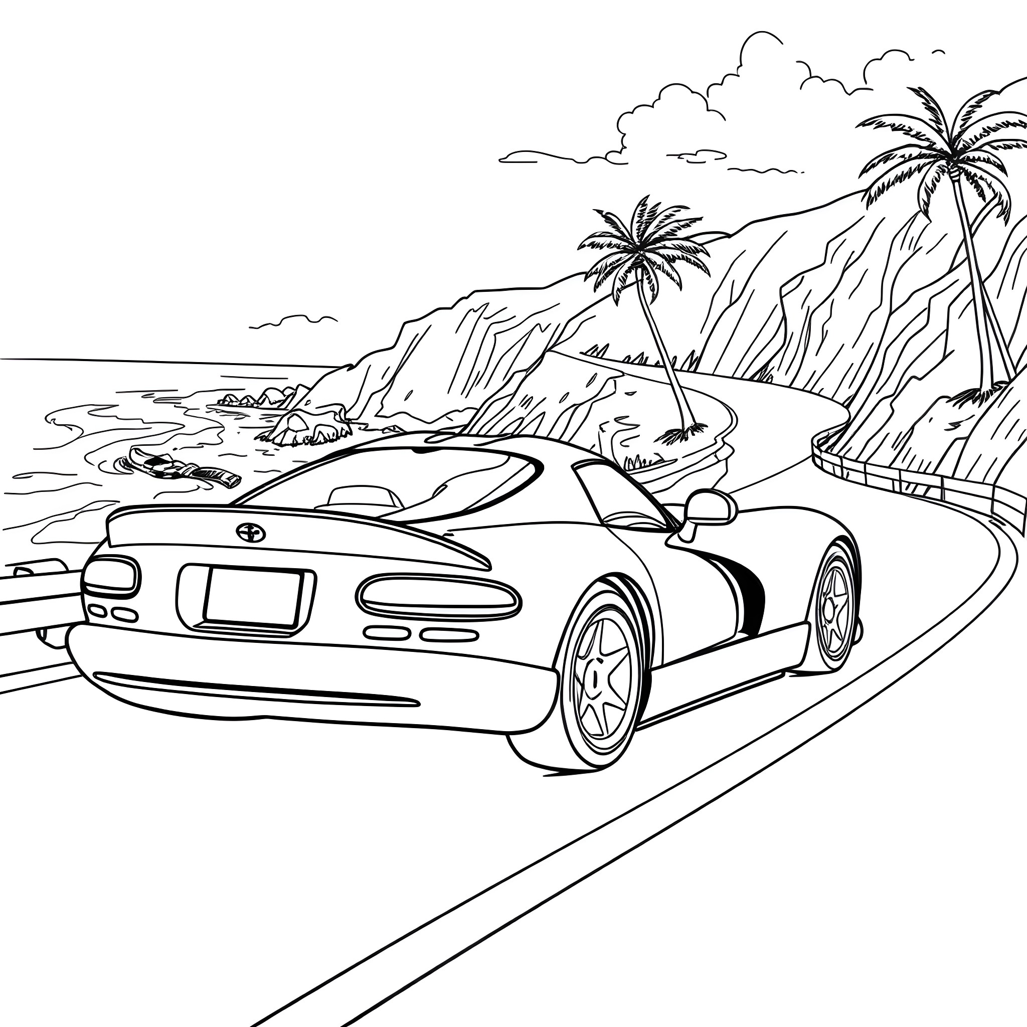 Dodge Viper cruising along scenic coastal road Coloring Page (free black-and-white line drawing printable PDF for all, from beginners to advanced learners, including children, teens, adults, and seniors)