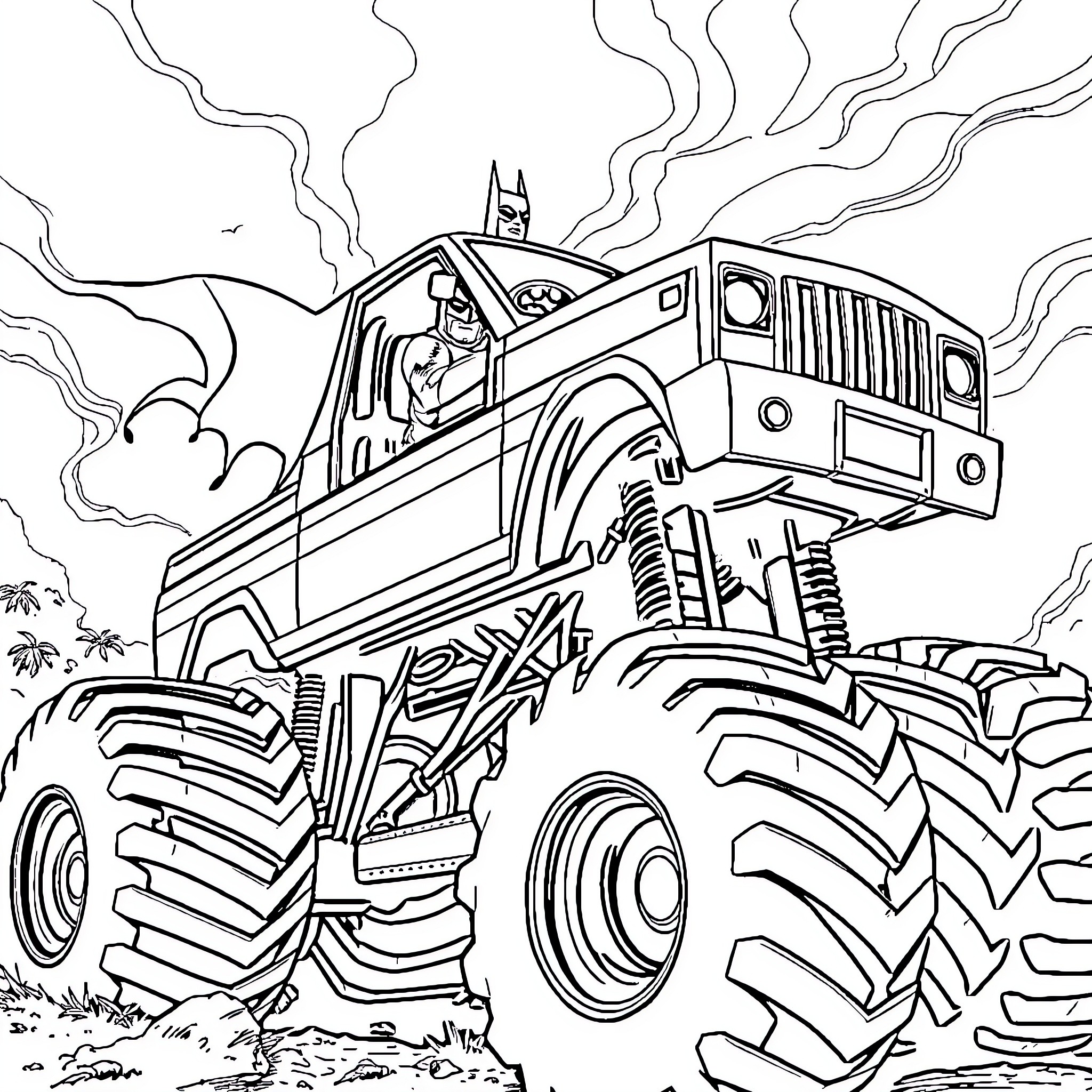 Monster Truck Conquering Rough Terrain Coloring Page (free black-and-white line drawing printable PDF for all, from beginners to advanced learners, including children, teens, adults, and seniors)