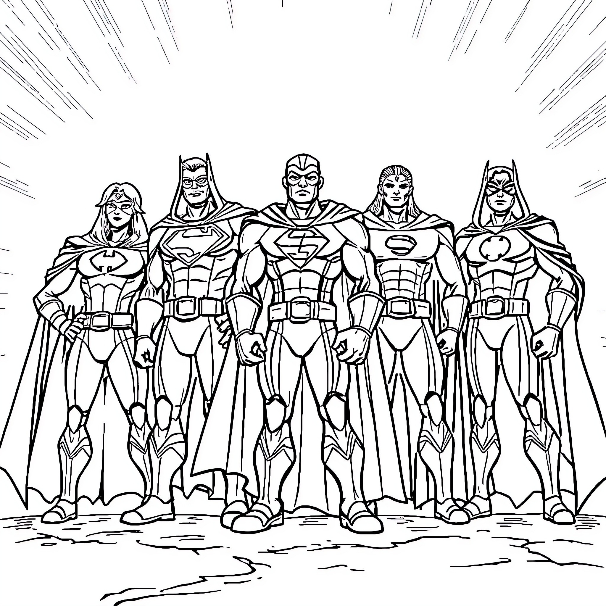 Hero team of powerful superheroes in action poses Coloring Page (free black-and-white line drawing printable PDF for all, from beginners to advanced learners, including children, teens, adults, and seniors)