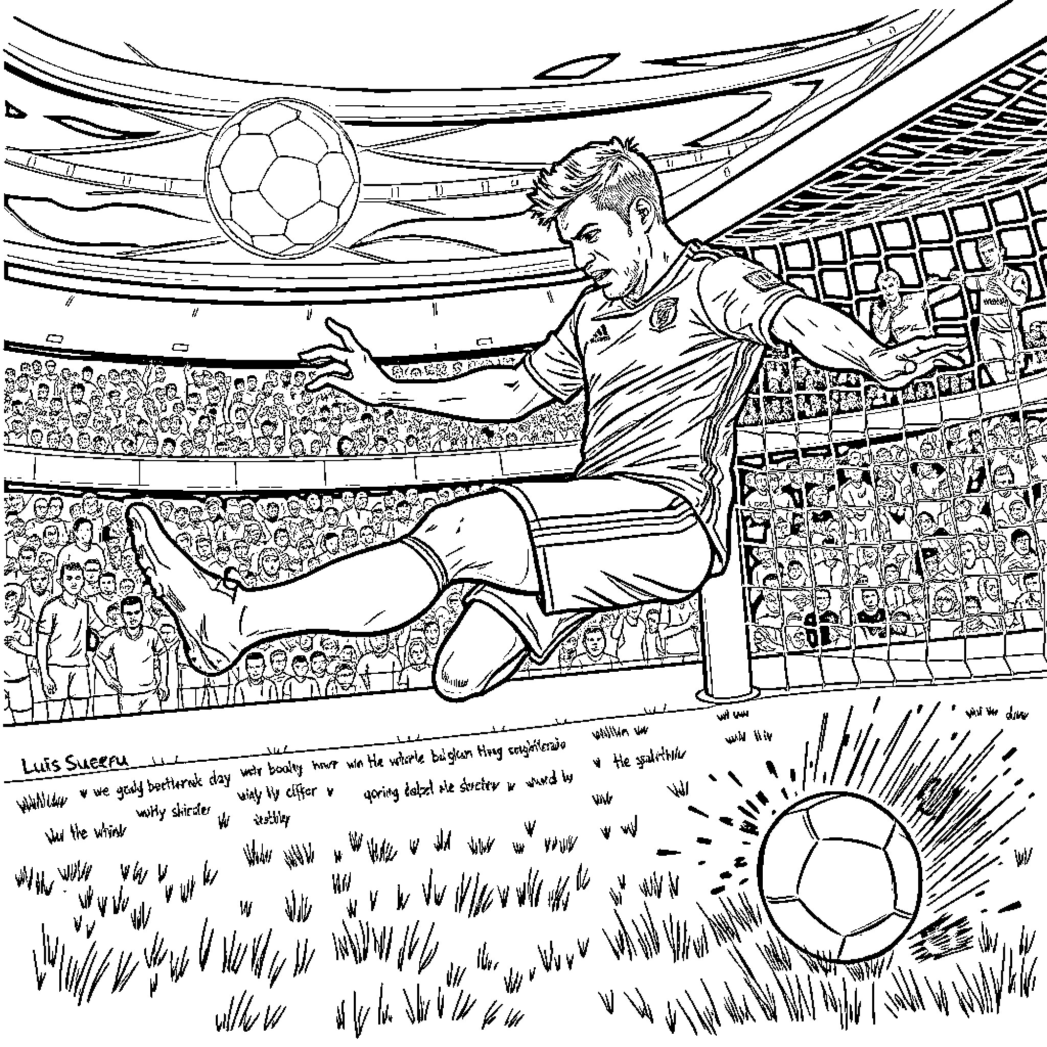 Luis Suarez kicking soccer ball in stadium Coloring Page (free black-and-white line drawing printable PDF for all, from beginners to advanced learners, including children, teens, adults, and seniors)