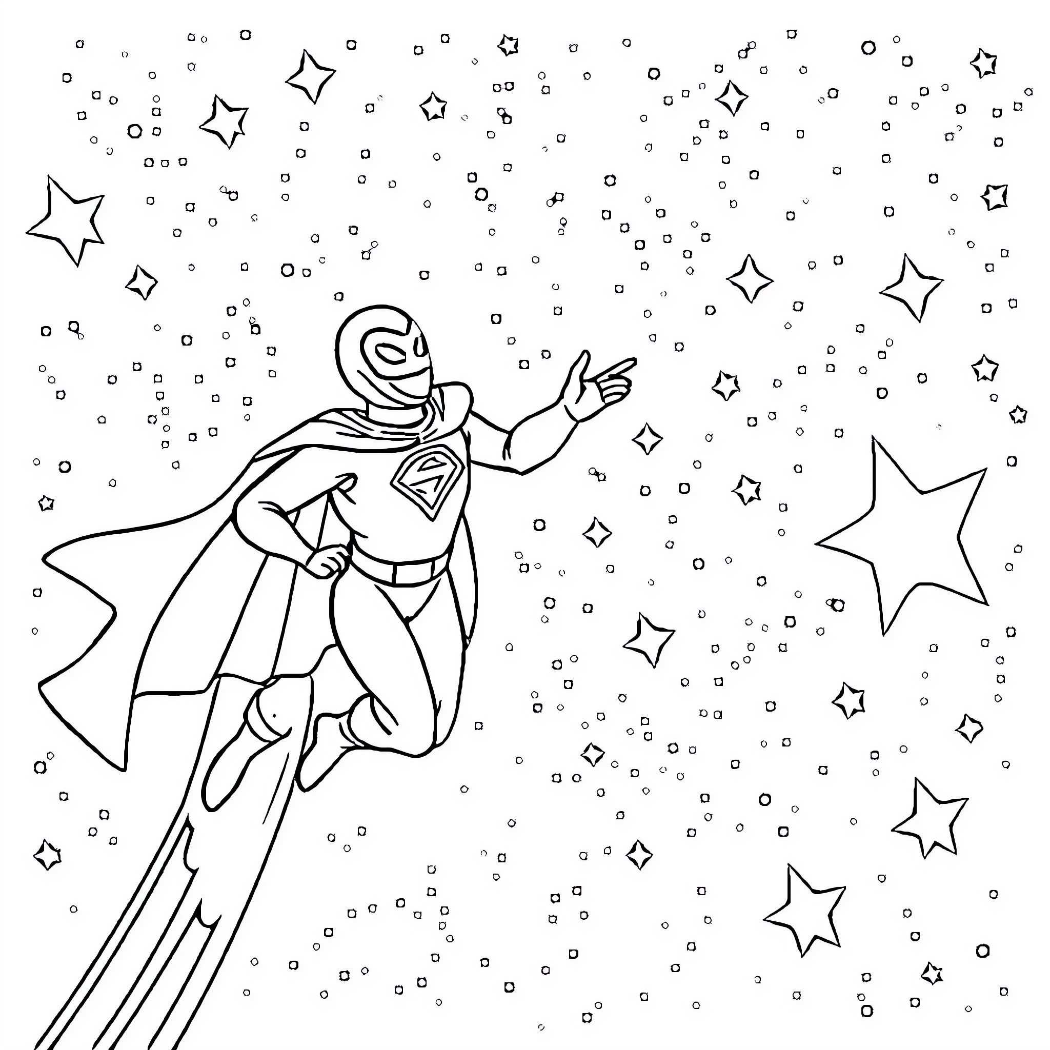 Space Ghost Soaring Through the Starry Night Coloring Page (free black-and-white line drawing printable PDF for all, from beginners to advanced learners, including children, teens, adults, and seniors)