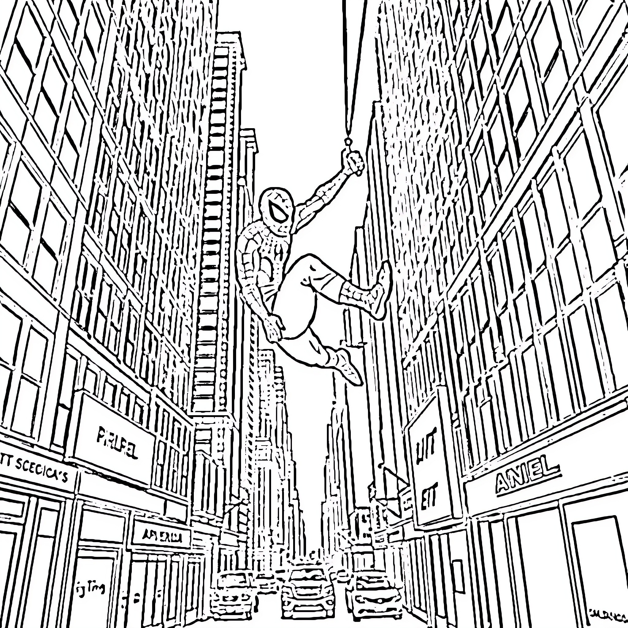 Spiderman swinging through the city streets Coloring Page (free black-and-white line drawing printable PDF for all, from beginners to advanced learners, including children, teens, adults, and seniors)
