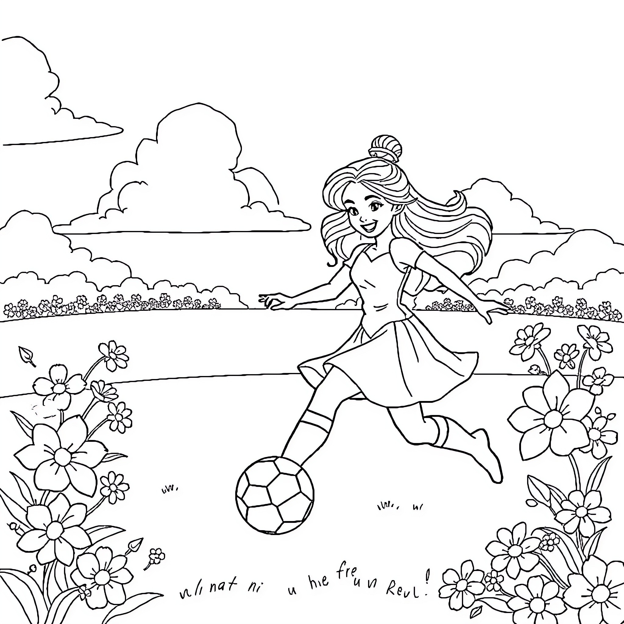Princess Playing Soccer in a Flower Garden Coloring Page (free black-and-white line drawing printable PDF for all, from beginners to advanced learners, including children, teens, adults, and seniors)