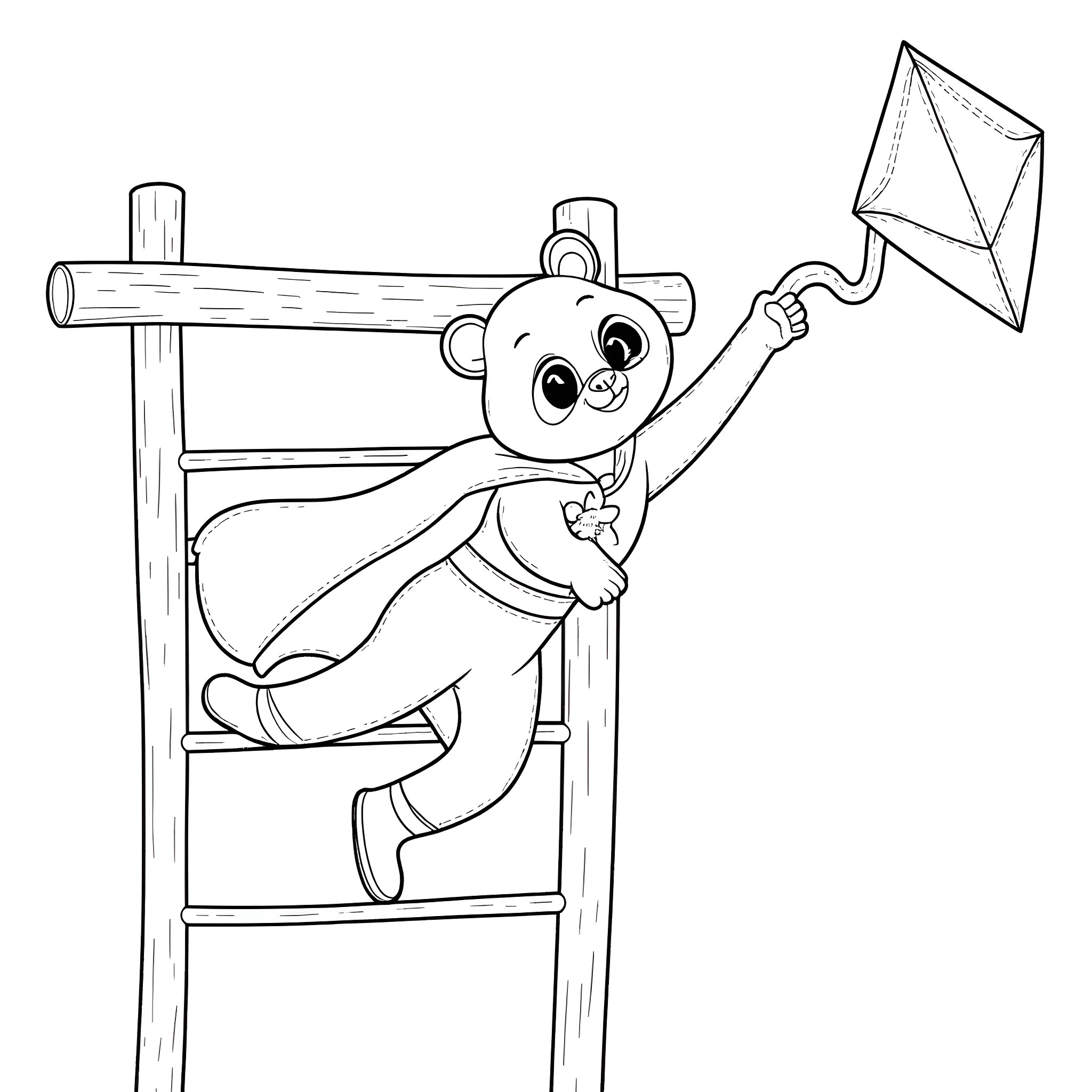 Panda playing on a ladder with a kite Coloring Page (free black-and-white line drawing printable PDF for all, from beginners to advanced learners, including children, teens, adults, and seniors)