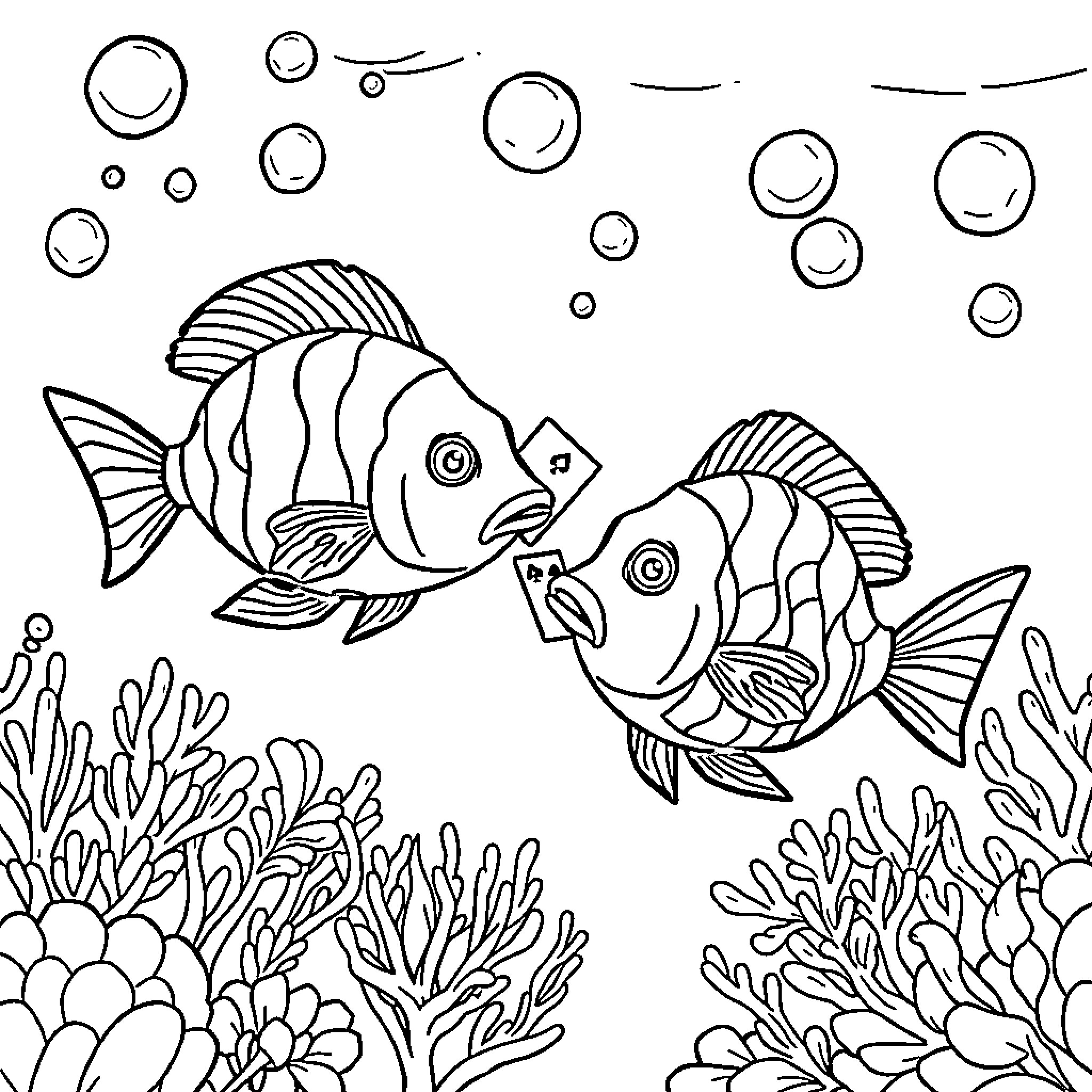 Fish swimming gracefully underwater with coral reef Coloring Page (free black-and-white line drawing printable PDF for all, from beginners to advanced learners, including children, teens, adults, and seniors)