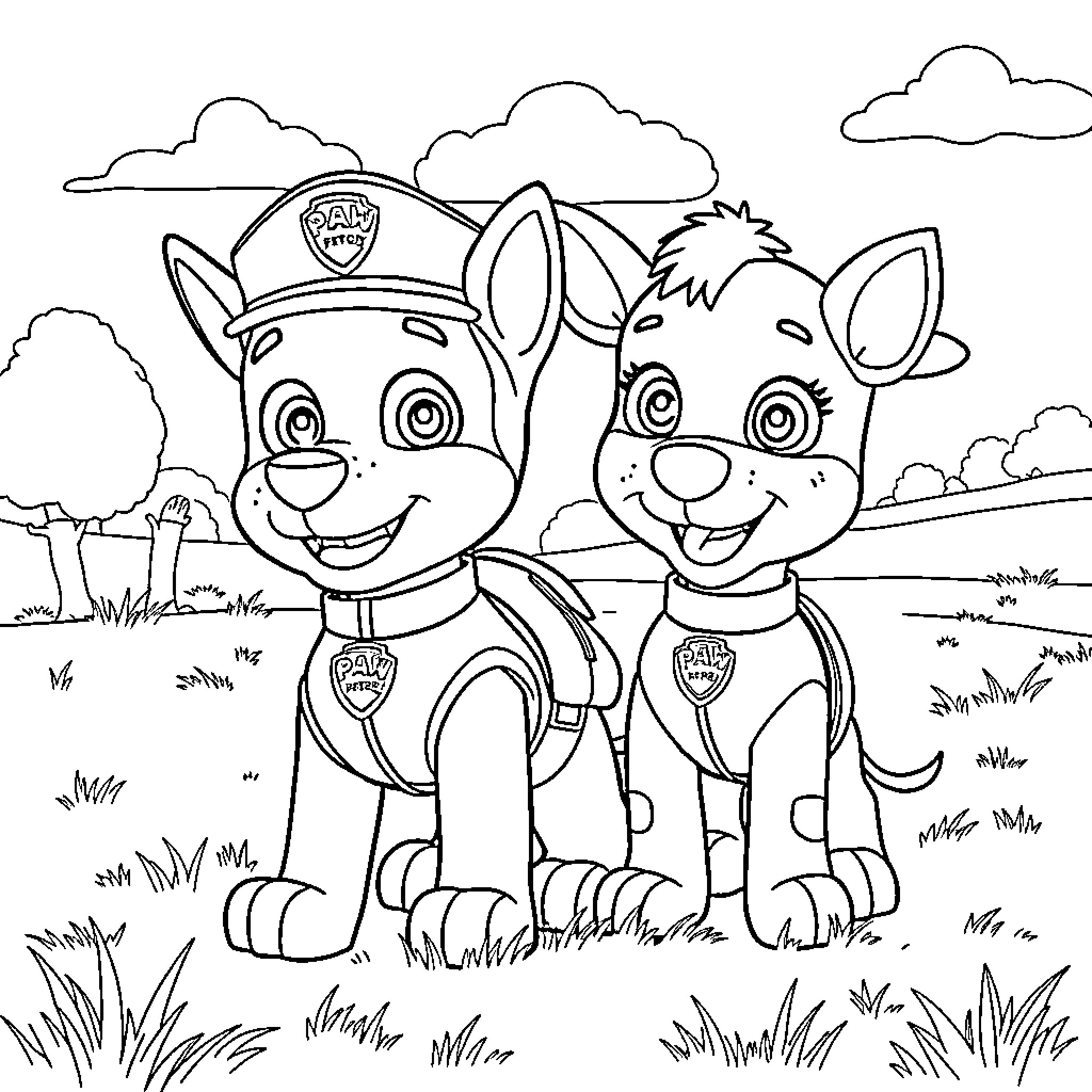 Chase Pups Patrol the Playful Outdoors Coloring Page (free black-and-white line drawing printable PDF for all, from beginners to advanced learners, including children, teens, adults, and seniors)