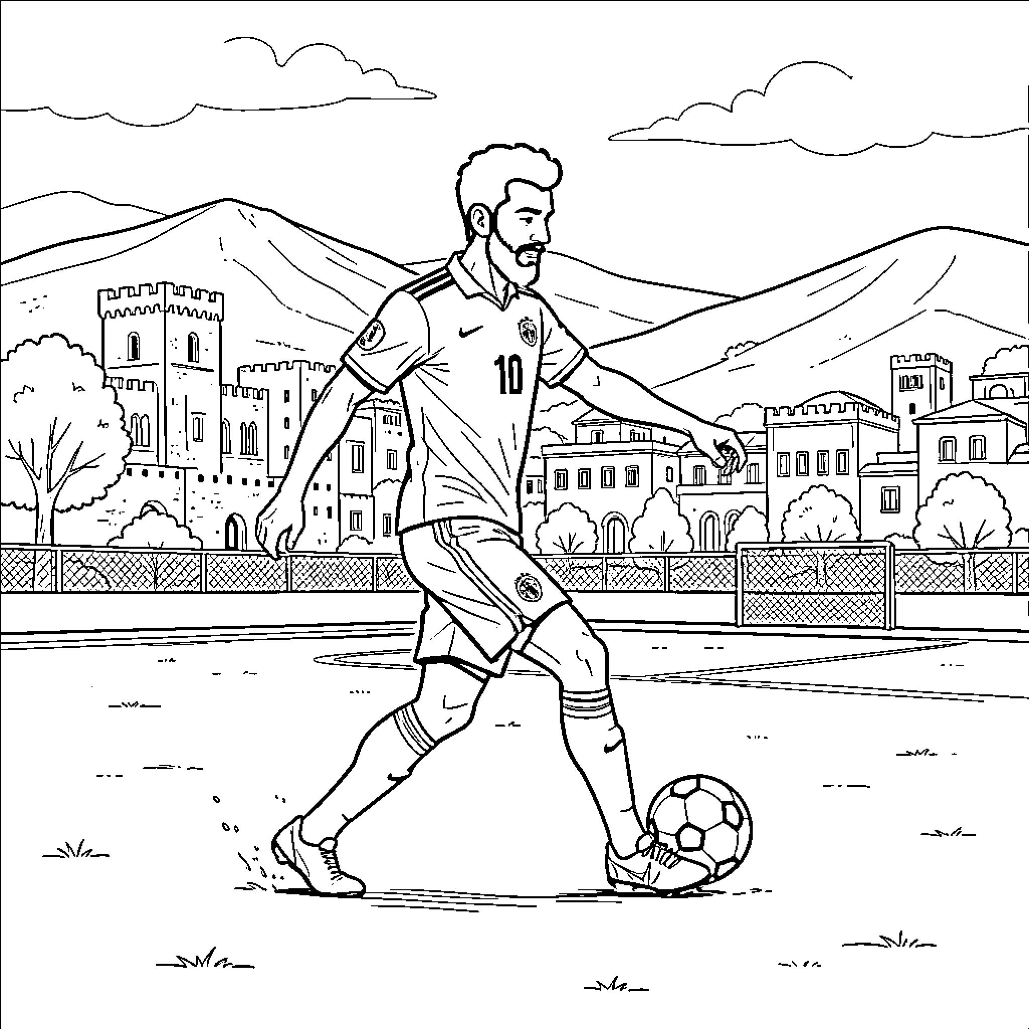 Mehrez dribbling a soccer ball on a field Coloring Page (free black-and-white line drawing printable PDF for all, from beginners to advanced learners, including children, teens, adults, and seniors)