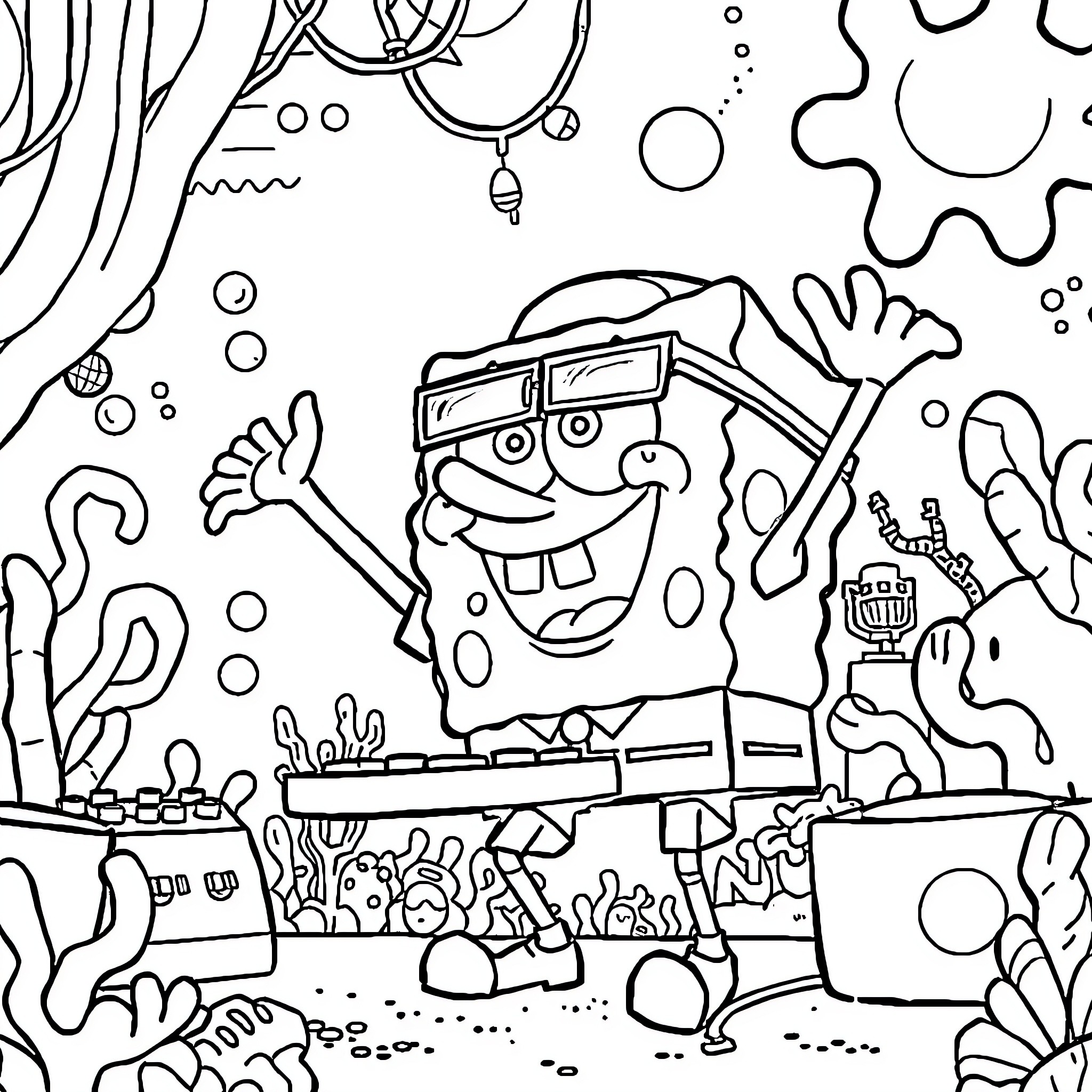 Spongebob explores the underwater world Coloring Page (free black-and-white line drawing printable PDF for all, from beginners to advanced learners, including children, teens, adults, and seniors)