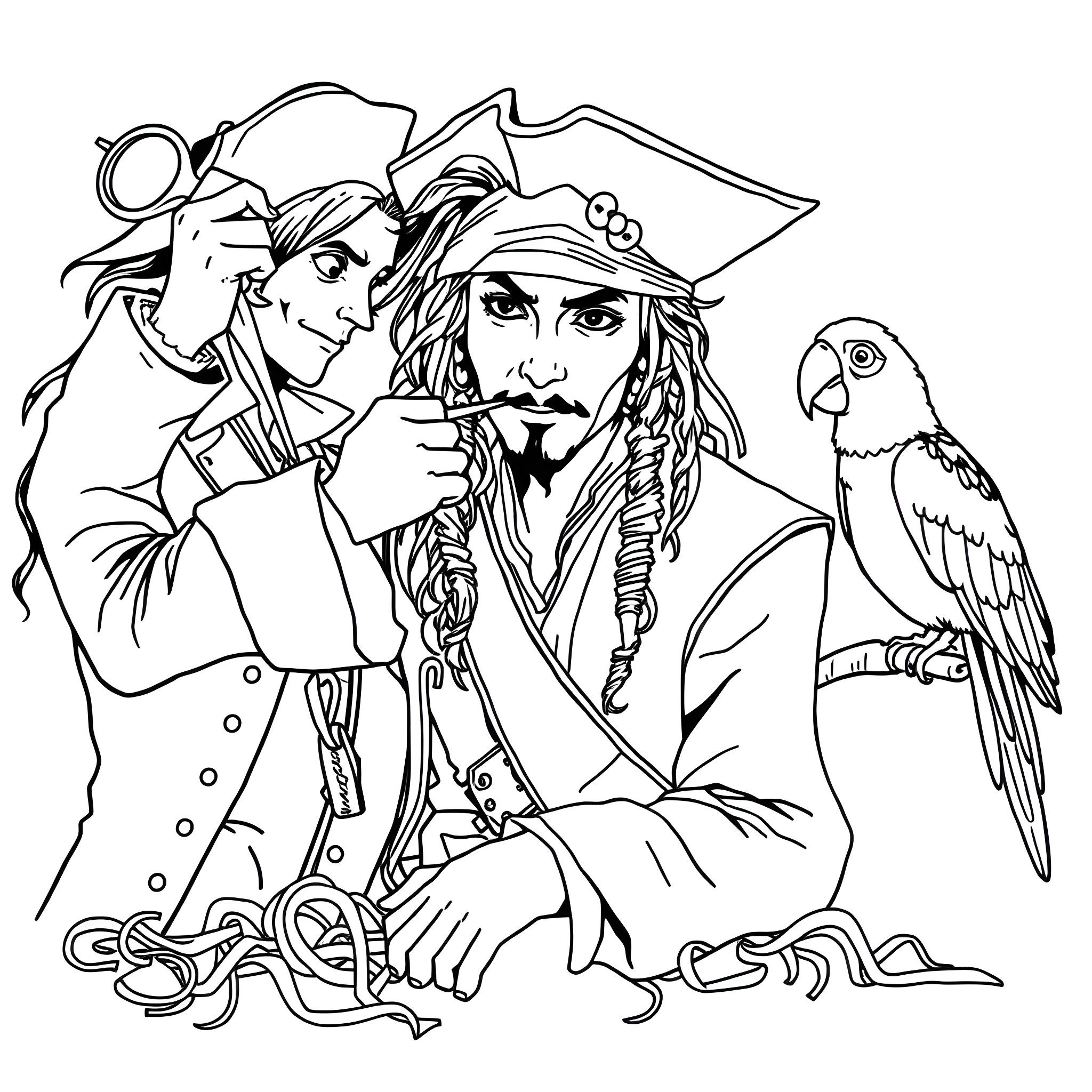 Edward Scissorhands in Pirate Costume with Parrot Companion Coloring Page (free black-and-white line drawing printable PDF for all, from beginners to advanced learners, including children, teens, adults, and seniors)