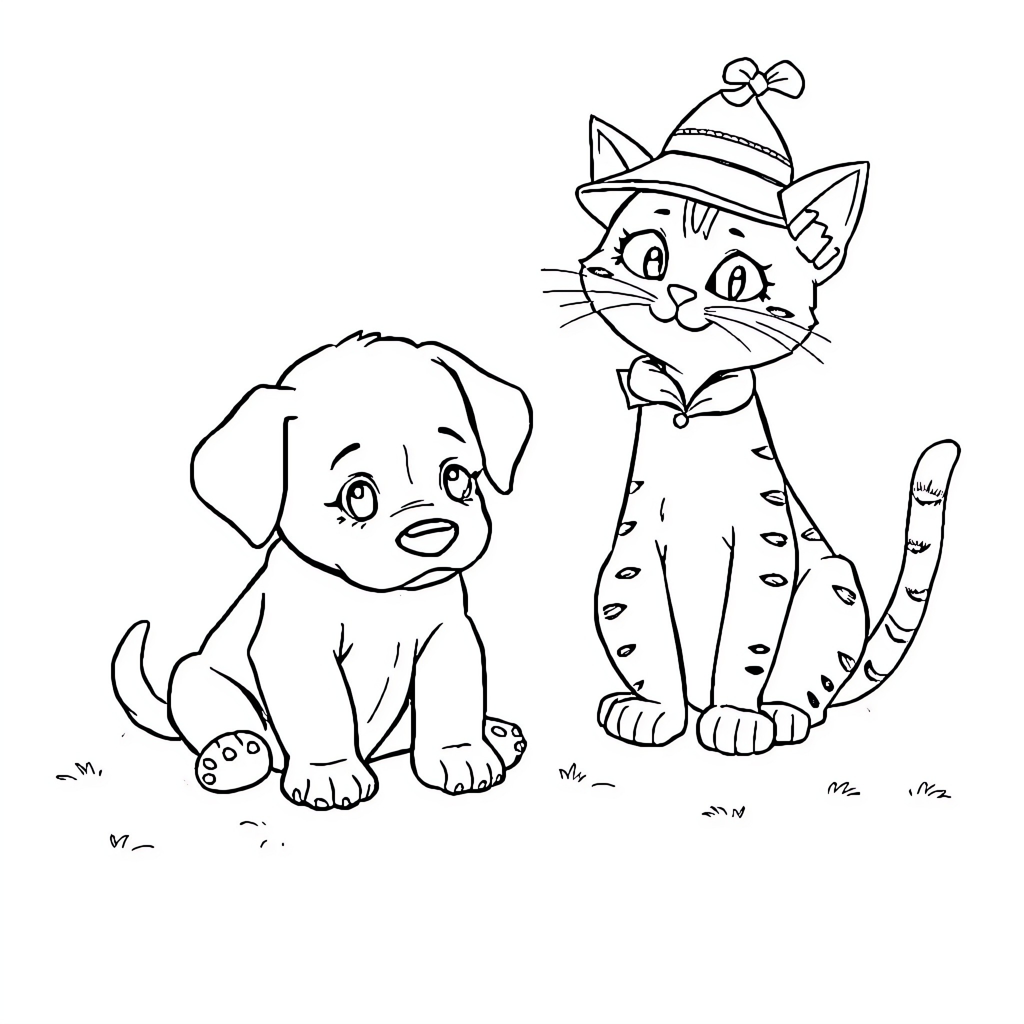 Puppy and Kitten Friends Exploring Outdoors Coloring Page (free black-and-white line drawing printable PDF for all, from beginners to advanced learners, including children, teens, adults, and seniors)