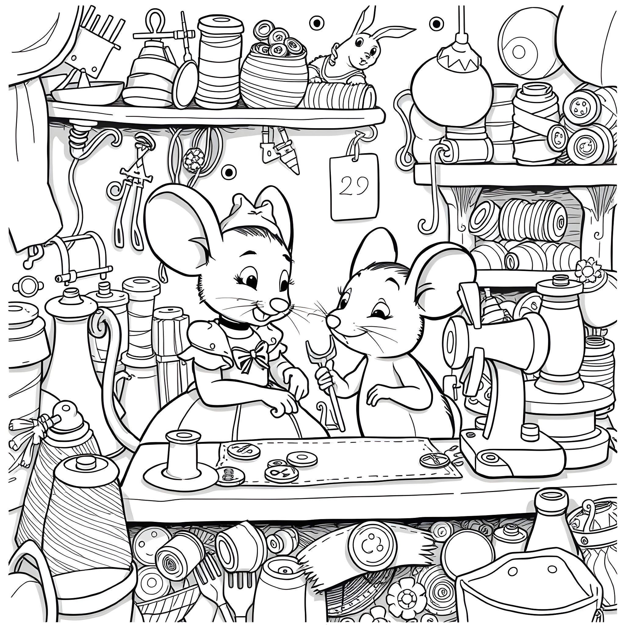 Cinderella's Sewing Nook: Mice Helping with Chores Coloring Page (free black-and-white line drawing printable PDF for all, from beginners to advanced learners, including children, teens, adults, and seniors)