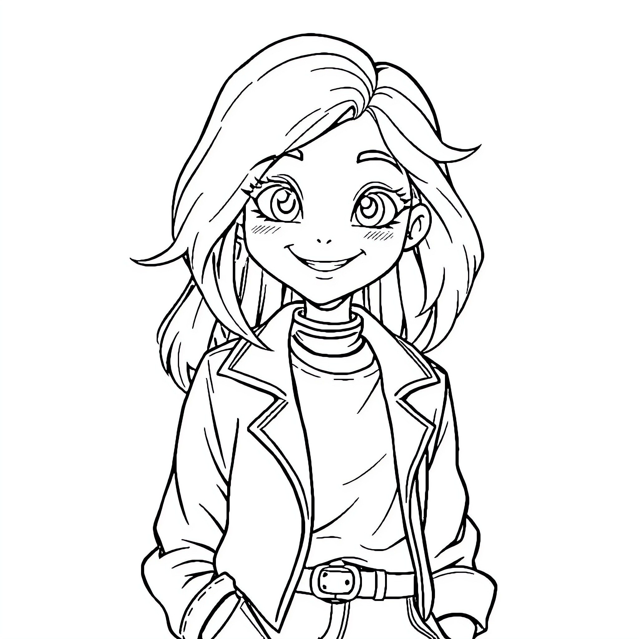 Girl with a cheerful expression in casual outfit Coloring Page (free black-and-white line drawing printable PDF for all, from beginners to advanced learners, including children, teens, adults, and seniors)