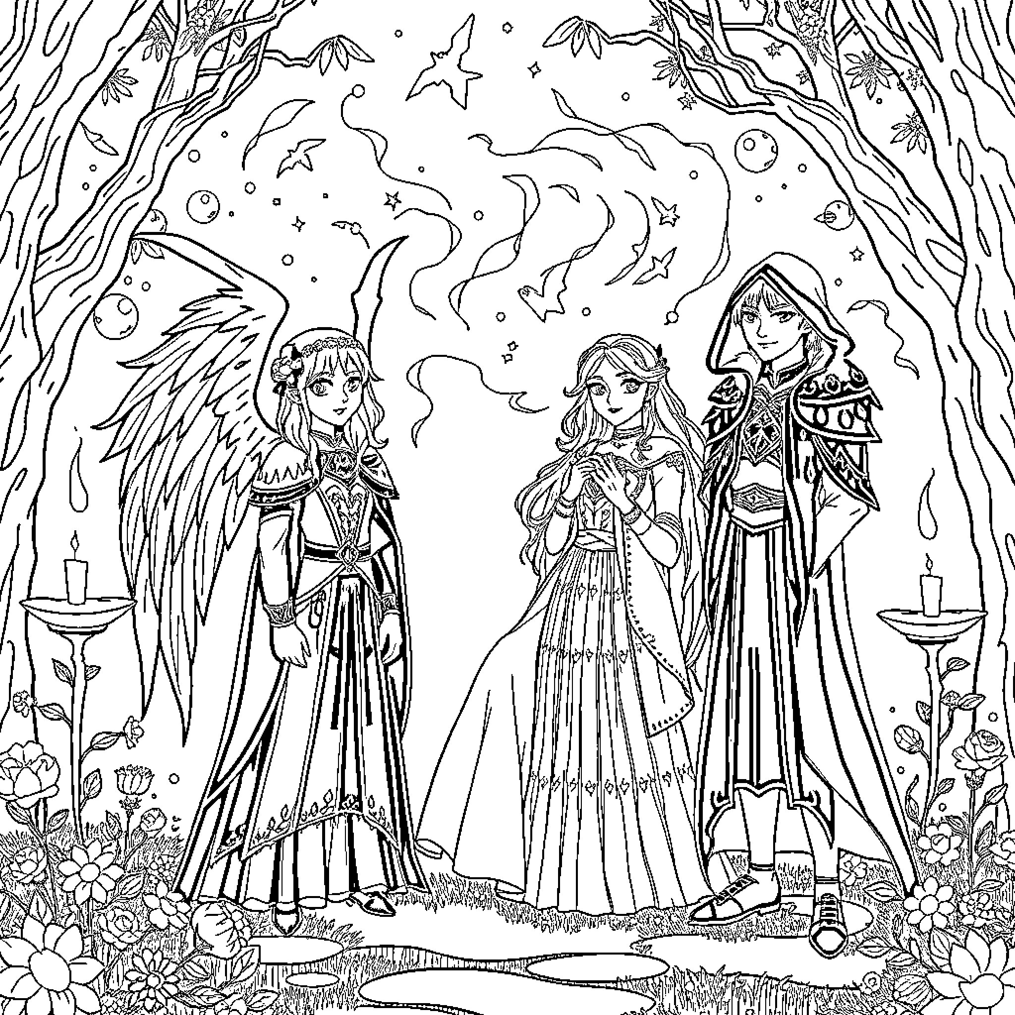 Wing Maiden's Enchanted Gathering Coloring Page (free black-and-white line drawing printable PDF for all, from beginners to advanced learners, including children, teens, adults, and seniors)