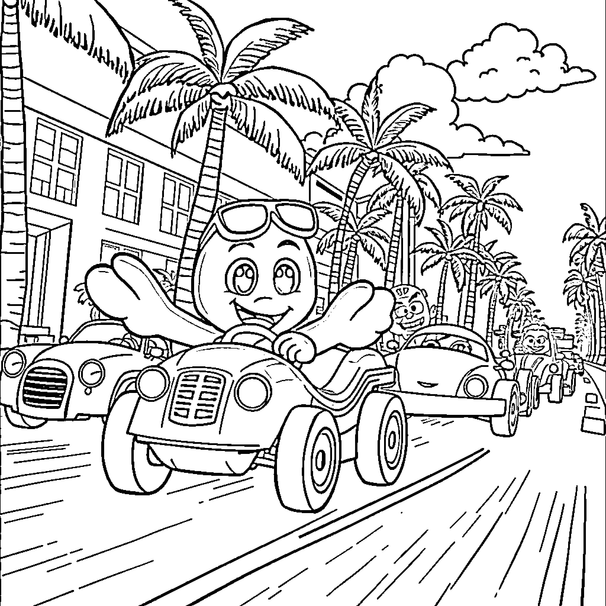 Bluey driving joyfully in a tropical town Coloring Page (free black-and-white line drawing printable PDF for all, from beginners to advanced learners, including children, teens, adults, and seniors)