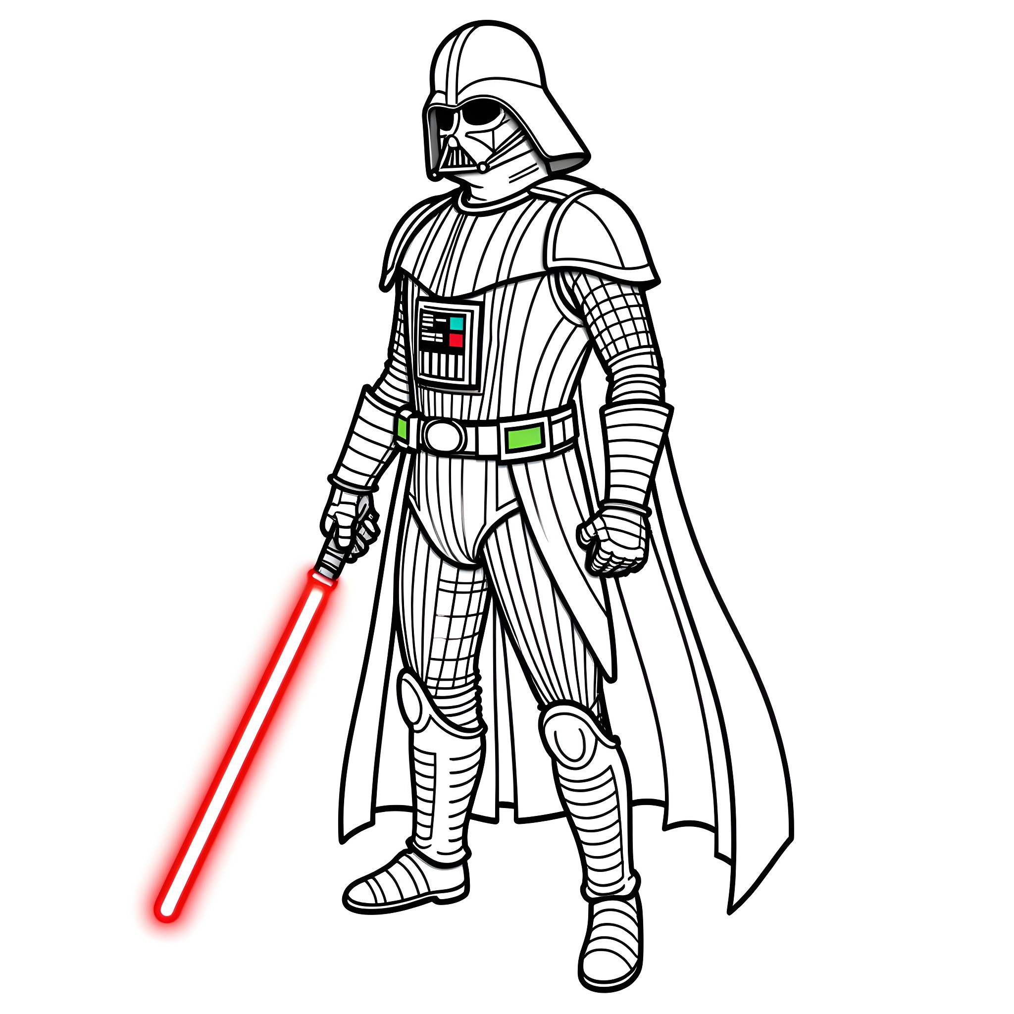 Darth Vader Wielding Iconic Lightsaber in Full Armor Coloring Page (free black-and-white line drawing printable PDF for all, from beginners to advanced learners, including children, teens, adults, and seniors)