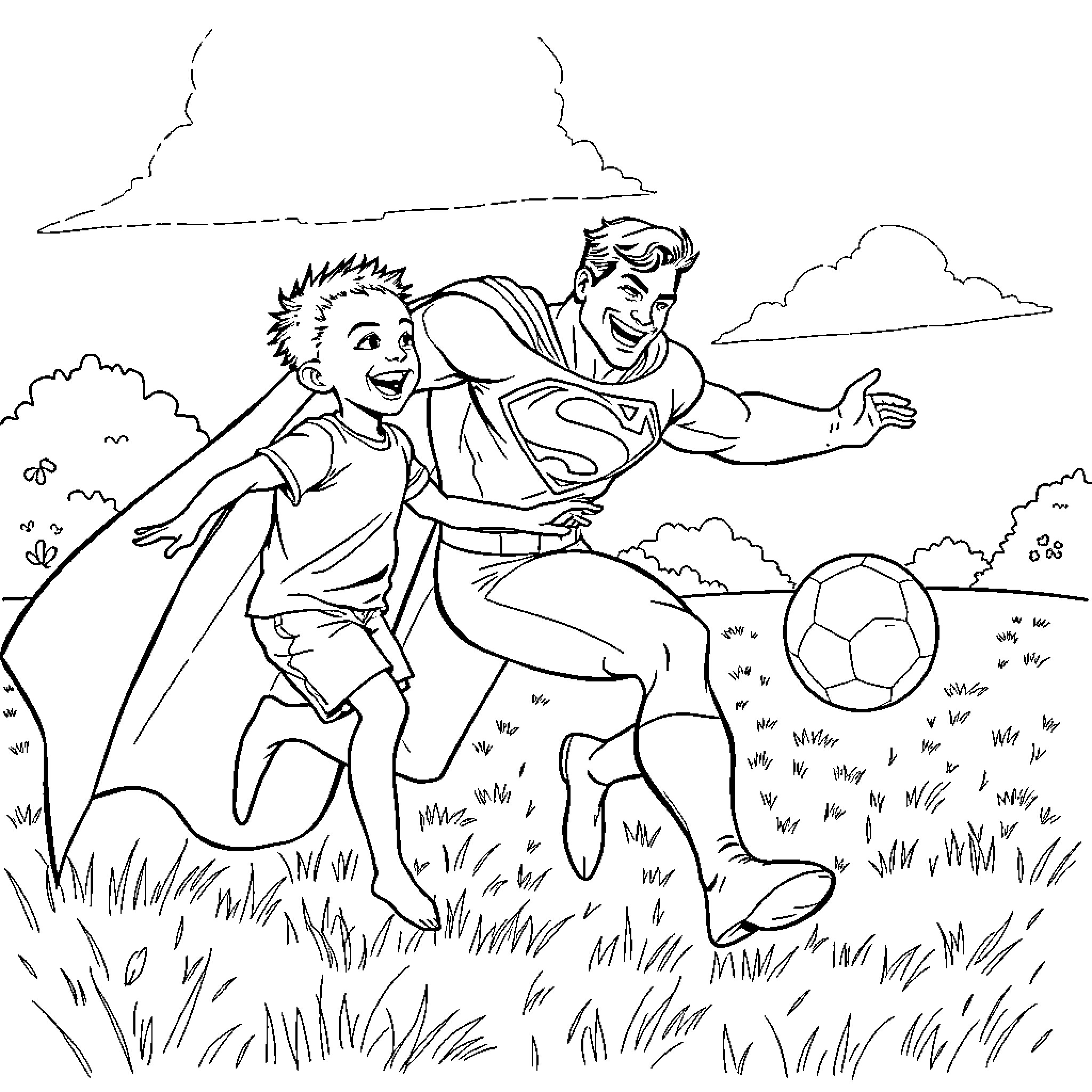 Superman playing with a young boy in a grassy field Coloring Page (free black-and-white line drawing printable PDF for all, from beginners to advanced learners, including children, teens, adults, and seniors)
