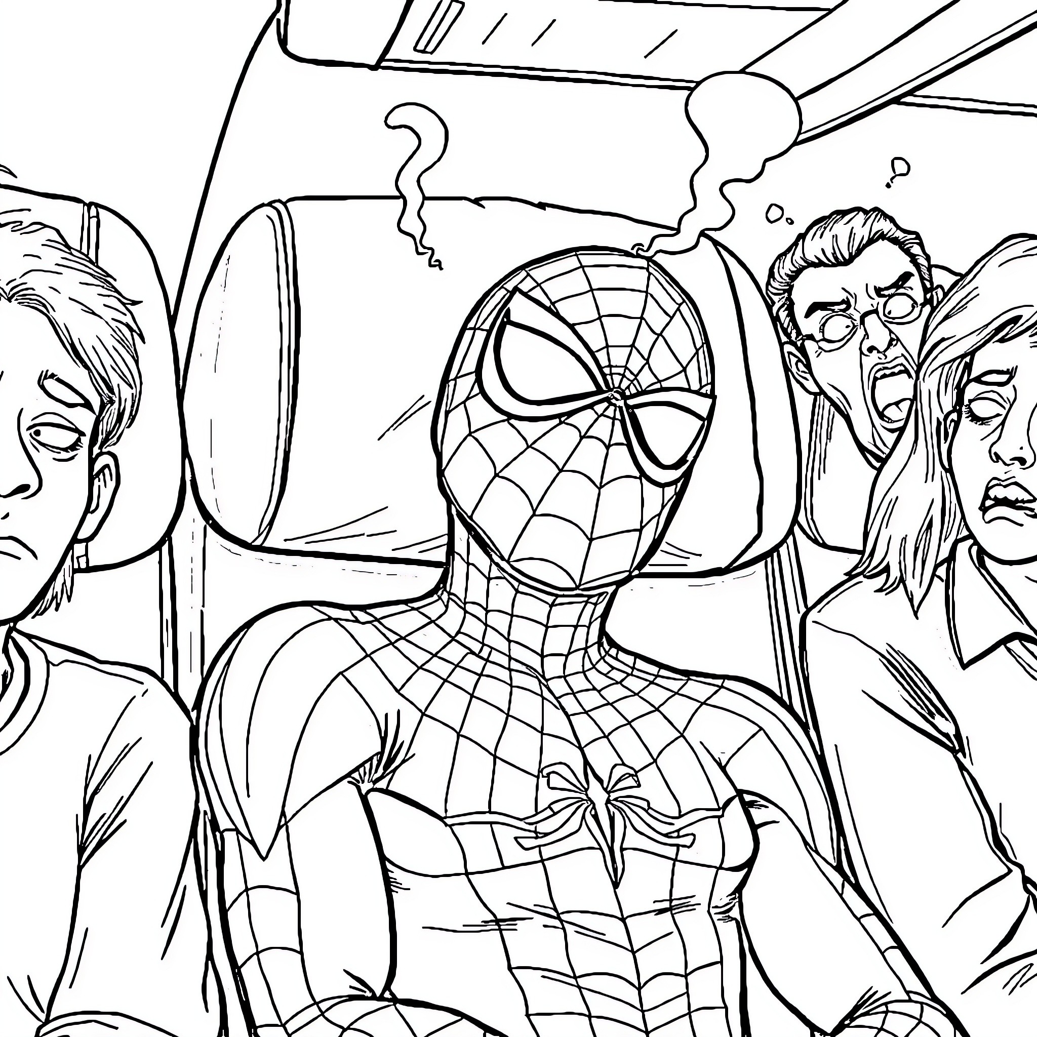 Spiderman confronting villains in action-packed scene Coloring Page (free black-and-white line drawing printable PDF for all, from beginners to advanced learners, including children, teens, adults, and seniors)