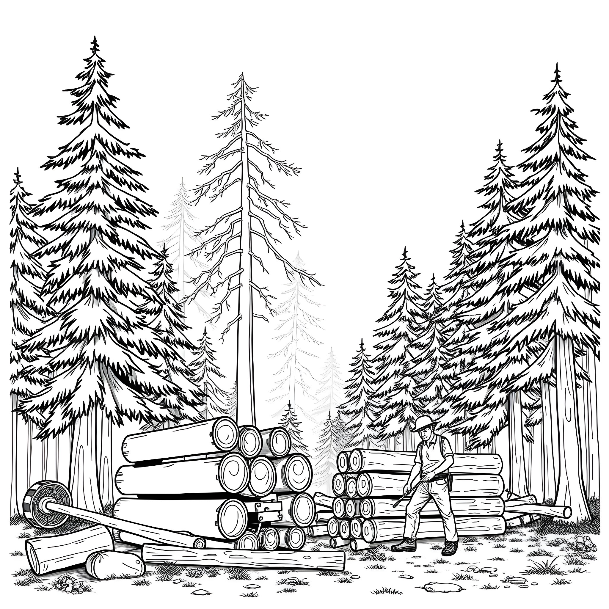Wood Pickup Truck Transporting Timber in Forest Coloring Page (free black-and-white line drawing printable PDF for all, from beginners to advanced learners, including children, teens, adults, and seniors)