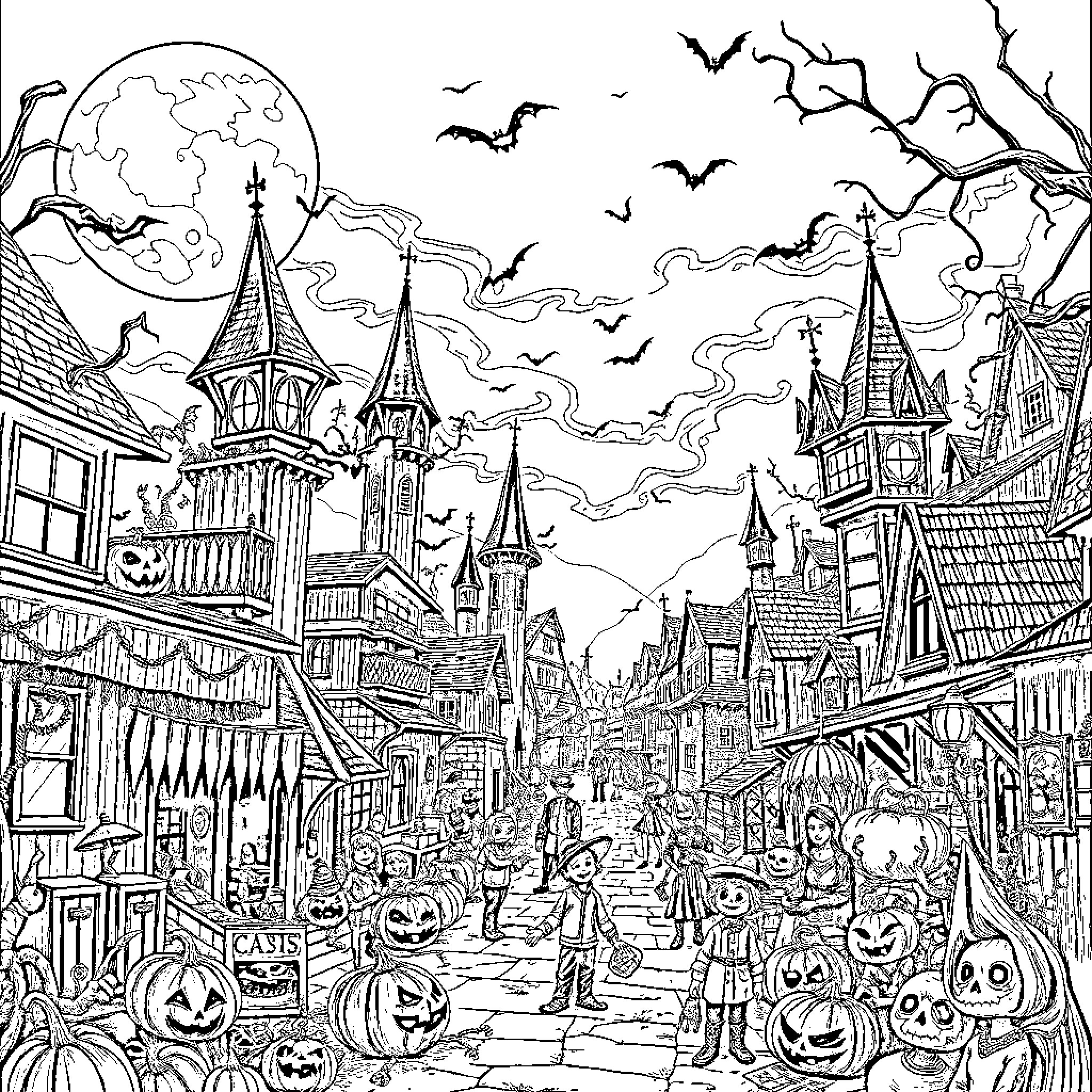 Halloween in a Haunted Town Coloring Page (free black-and-white line drawing printable PDF for all, from beginners to advanced learners, including children, teens, adults, and seniors)