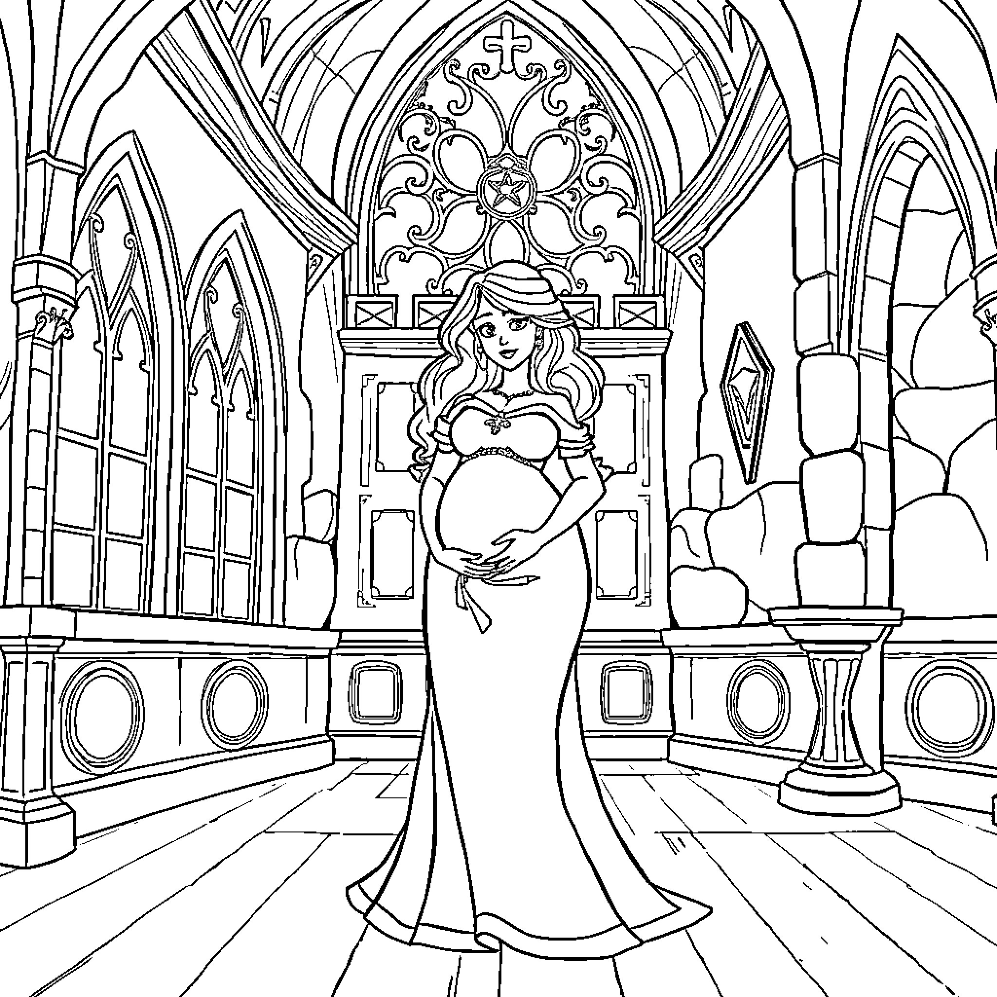 Princess in Majestic Palace Awaits Arrival Coloring Page (free black-and-white line drawing printable PDF for all, from beginners to advanced learners, including children, teens, adults, and seniors)