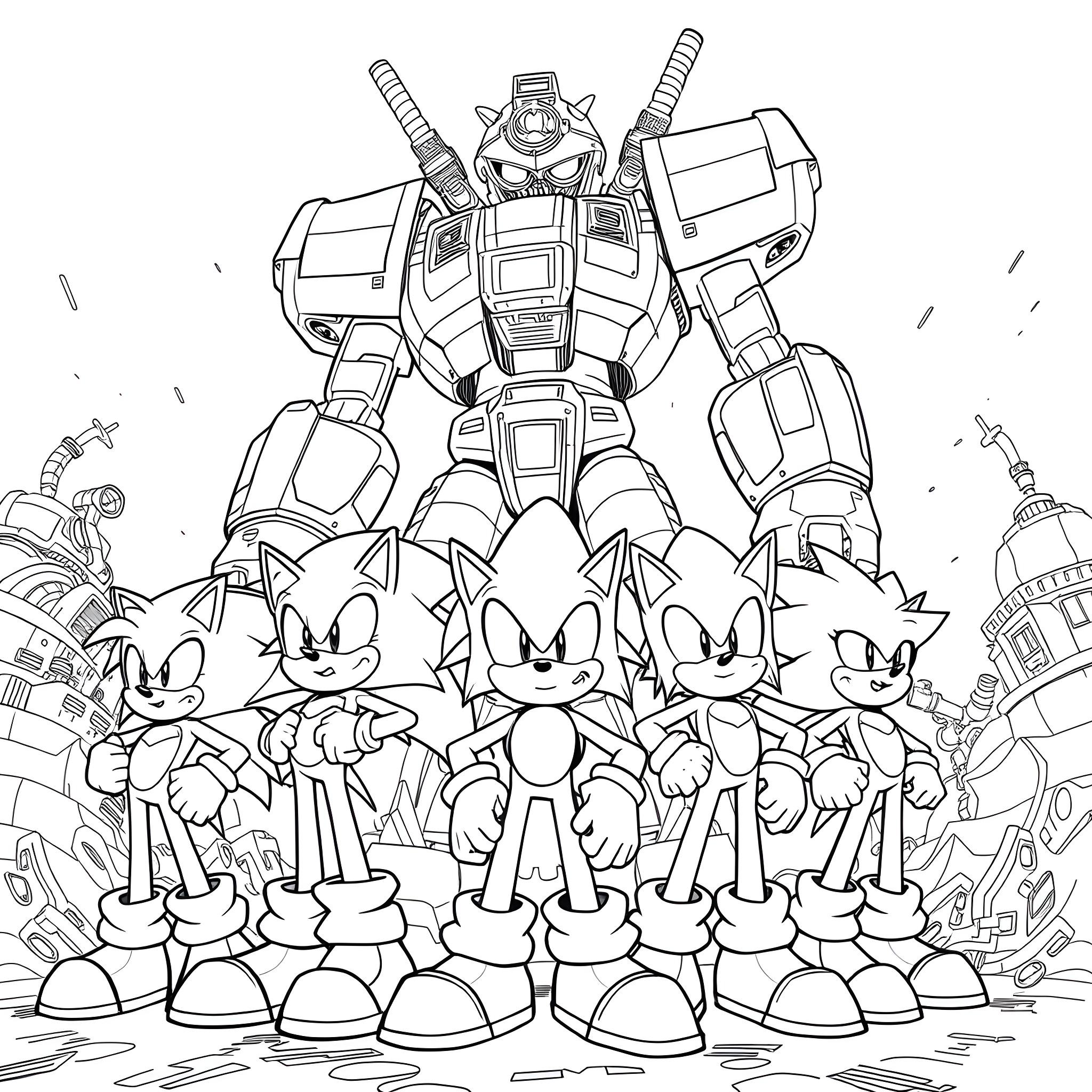 Sonic and Friends Battling with Futuristic Mech Coloring Page (free black-and-white line drawing printable PDF for all, from beginners to advanced learners, including children, teens, adults, and seniors)