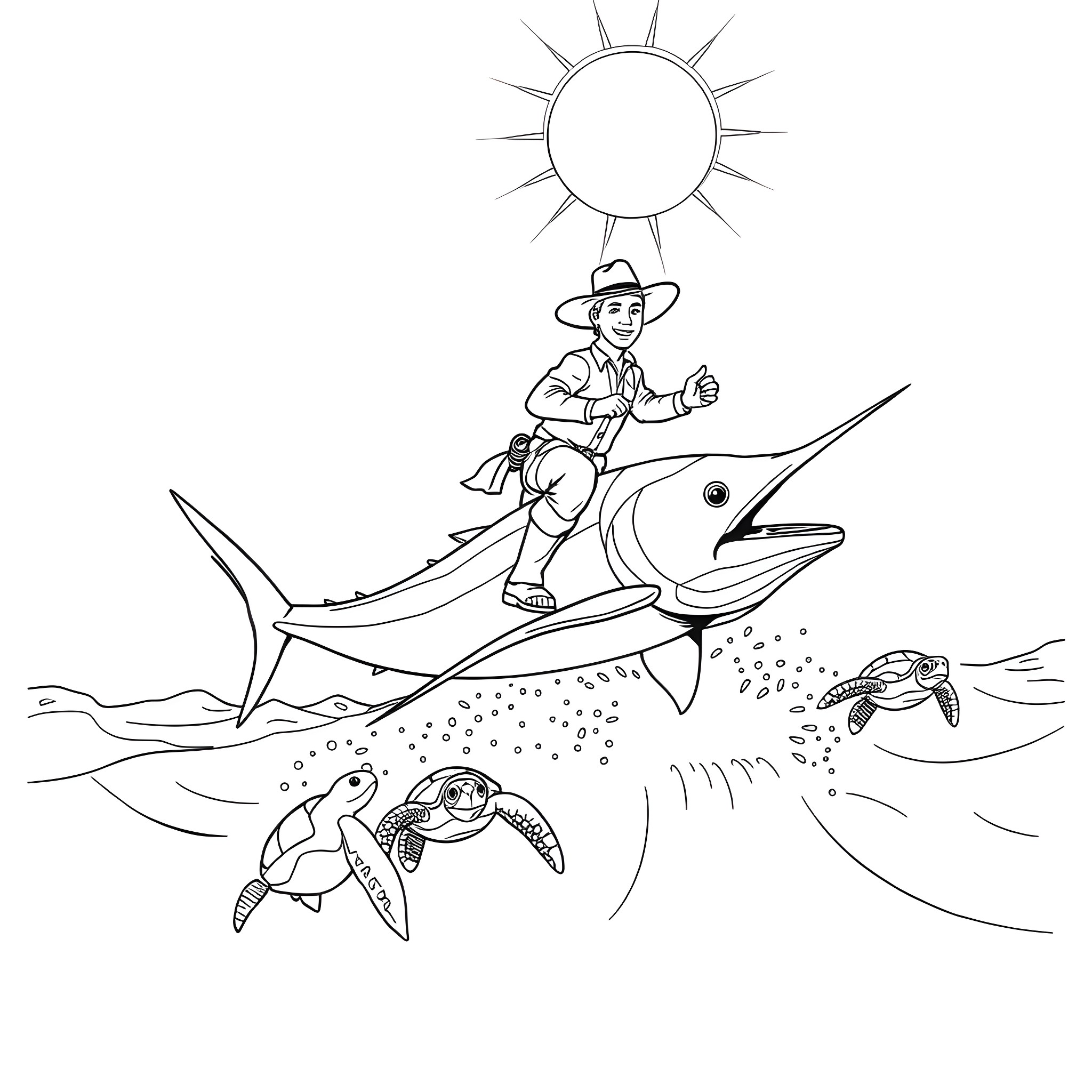 Cowboy riding a shark with sea turtles in the ocean Coloring Page (free black-and-white line drawing printable PDF for all, from beginners to advanced learners, including children, teens, adults, and seniors)