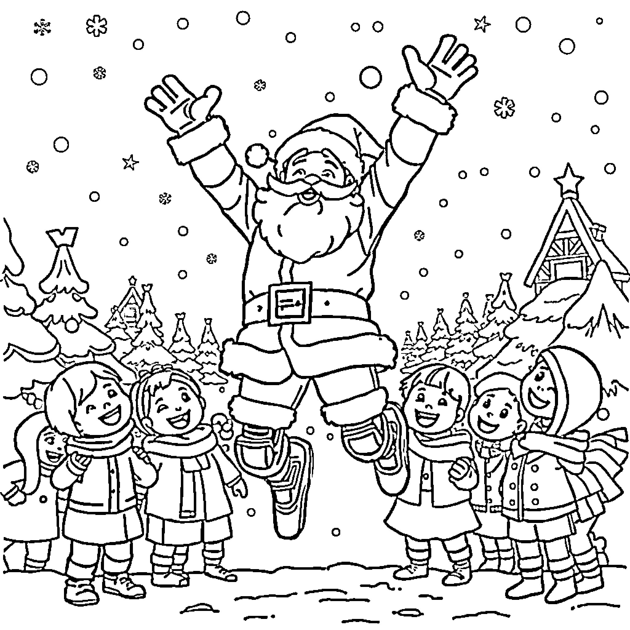 Robot Santa Claus Celebrating with Children in Snowy Town Coloring Page (free black-and-white line drawing printable PDF for all, from beginners to advanced learners, including children, teens, adults, and seniors)