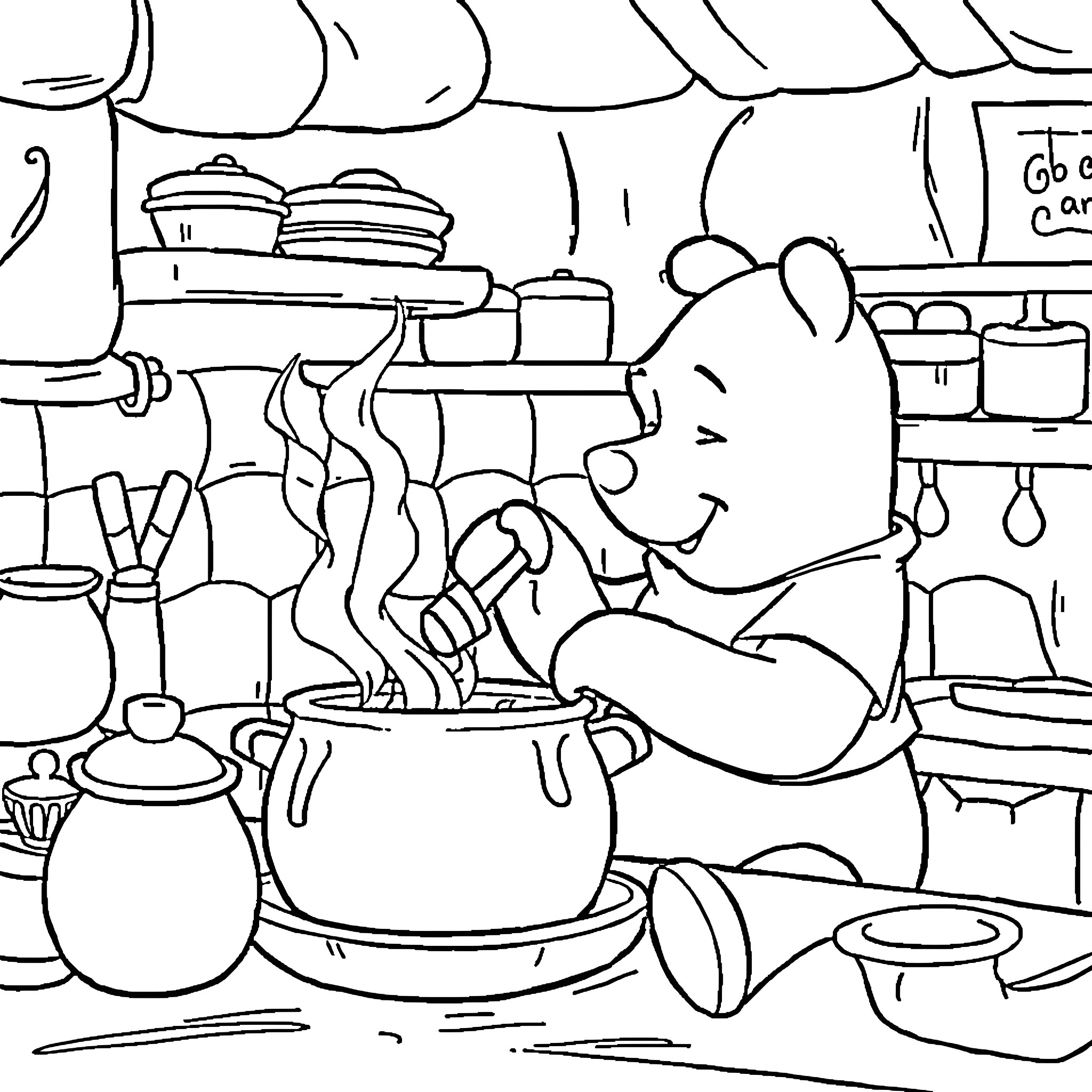Winnie The Pooh cooking in a cozy kitchen Coloring Page (free black-and-white line drawing printable PDF for all, from beginners to advanced learners, including children, teens, adults, and seniors)