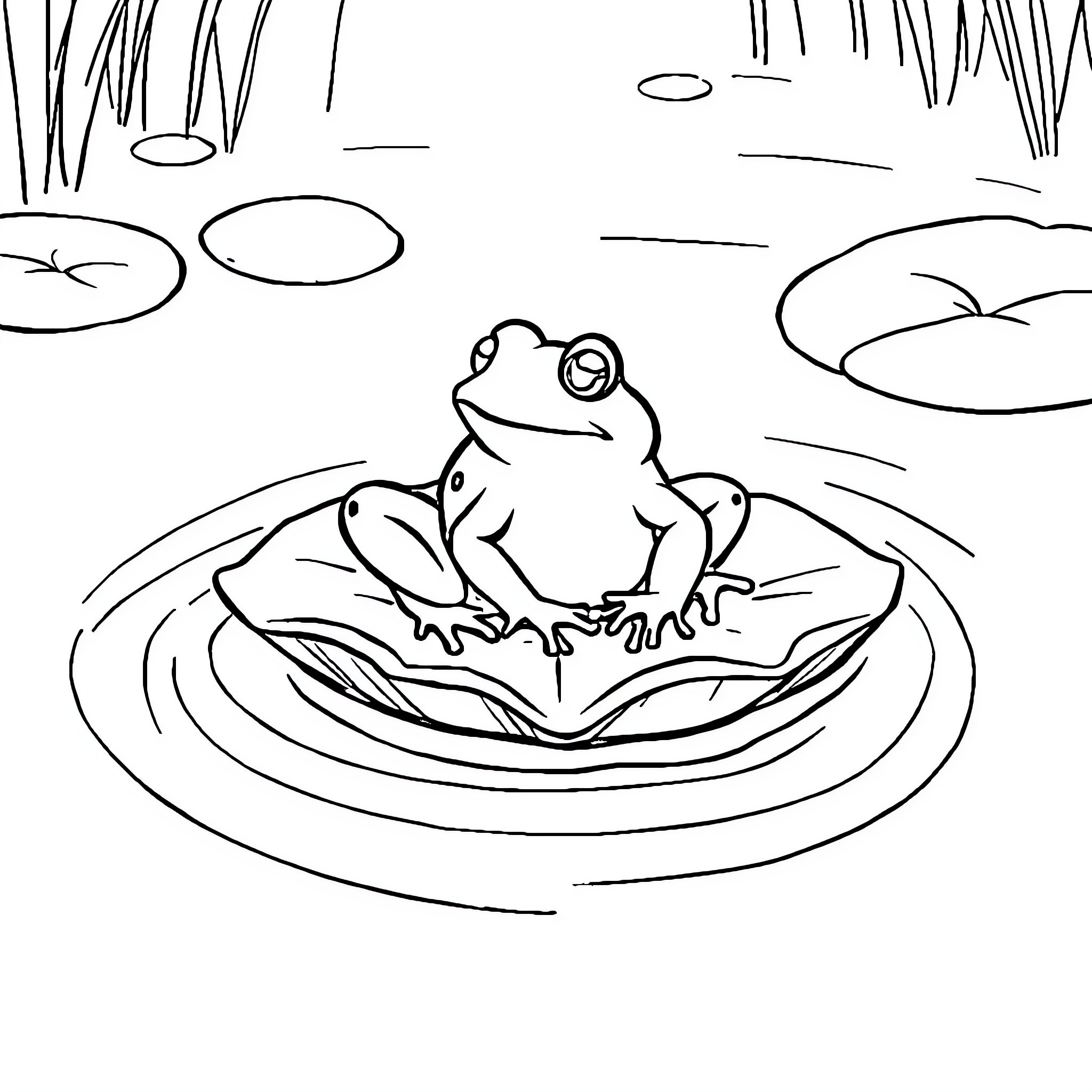 Frog resting on lily pad in pond Coloring Page (free black-and-white line drawing printable PDF for all, from beginners to advanced learners, including children, teens, adults, and seniors)