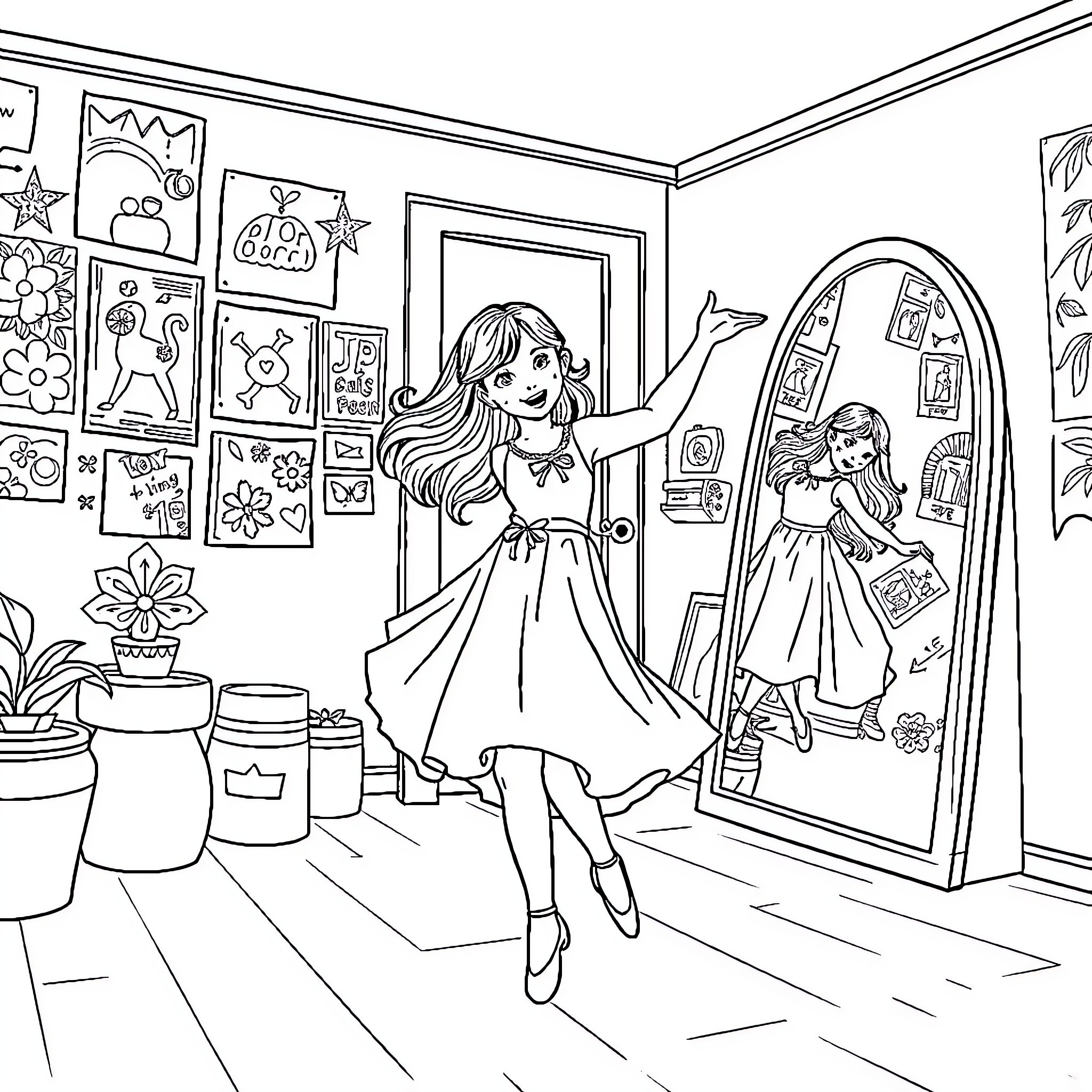 Ballerina dancing joyfully in her bedroom Coloring Page (free black-and-white line drawing printable PDF for all, from beginners to advanced learners, including children, teens, adults, and seniors)