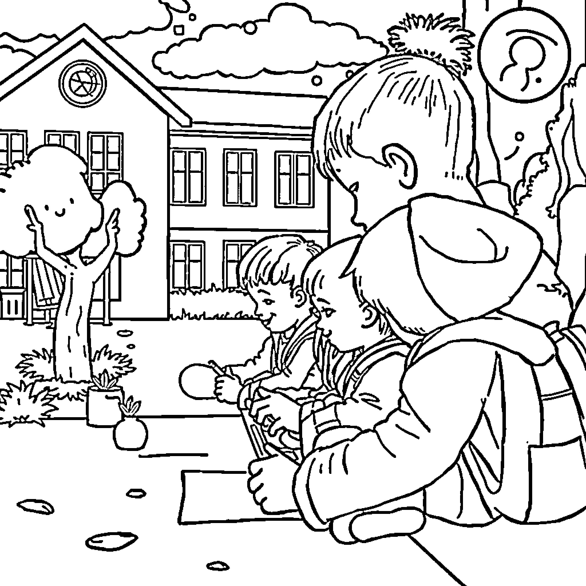 Discovery of Playful Children in Schoolyard Coloring Page (free black-and-white line drawing printable PDF for all, from beginners to advanced learners, including children, teens, adults, and seniors)