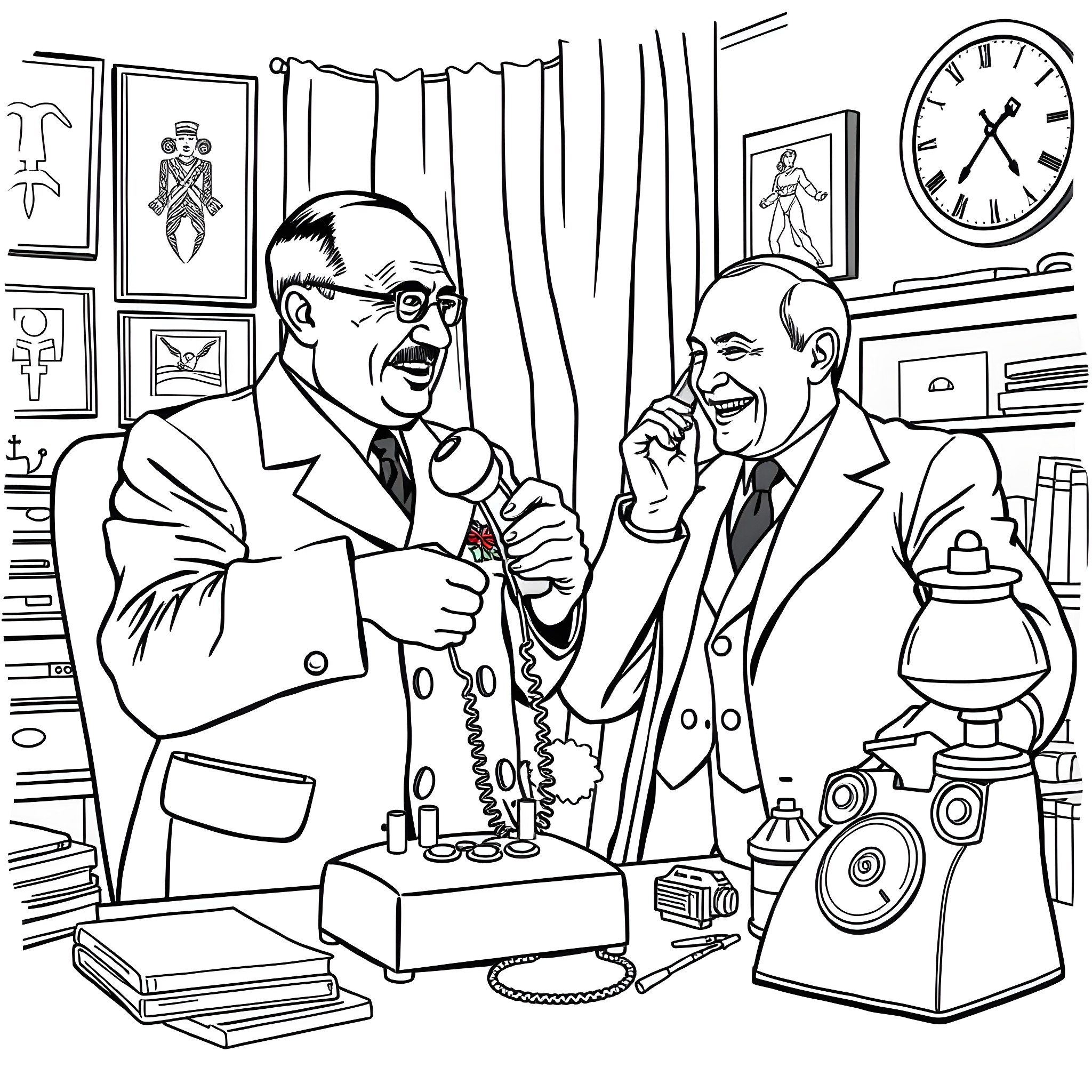Historical Figures in Animated Conversation Coloring Page (free black-and-white line drawing printable PDF for all, from beginners to advanced learners, including children, teens, adults, and seniors)