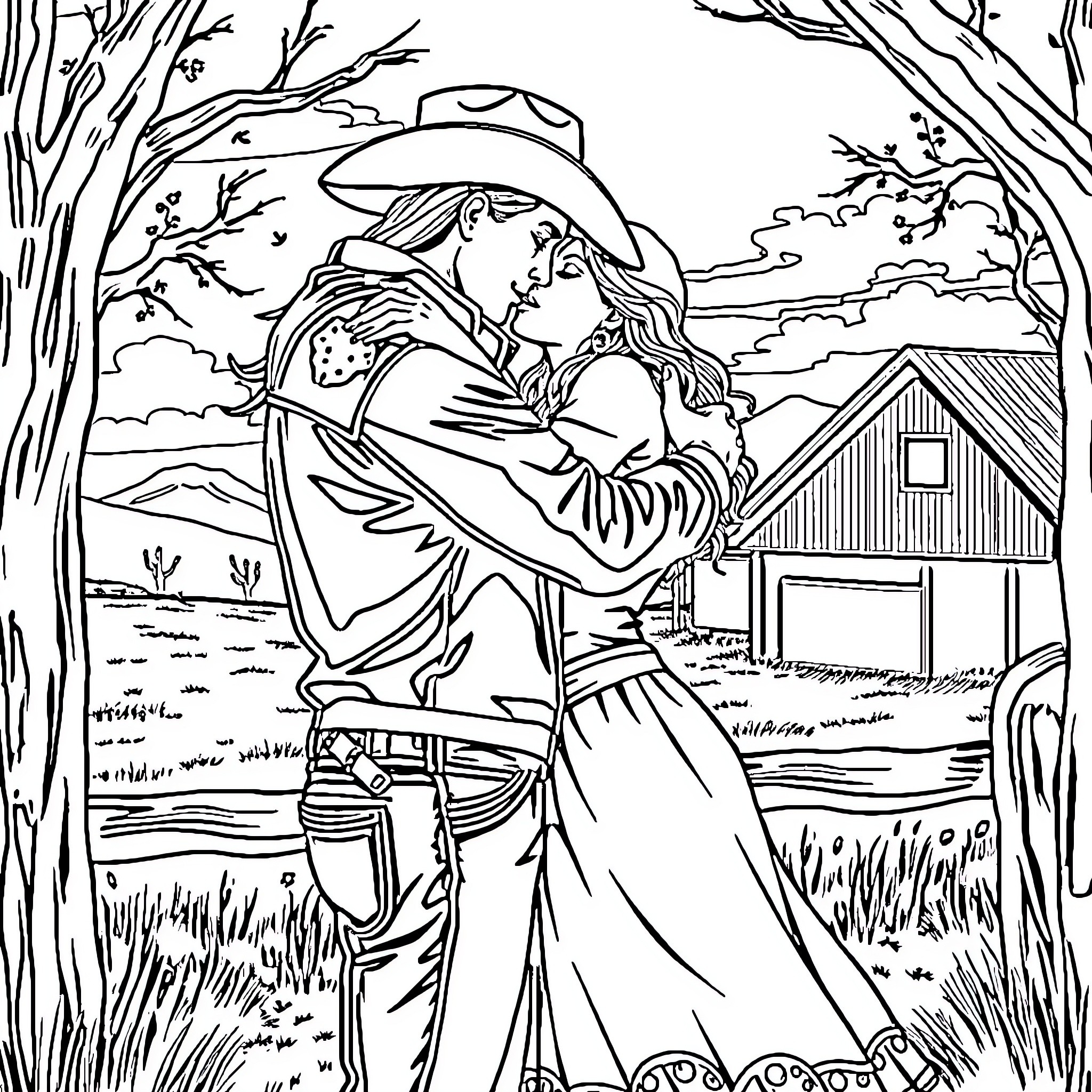 Cowgirl embracing cowboy in rustic countryside Coloring Page (free black-and-white line drawing printable PDF for all, from beginners to advanced learners, including children, teens, adults, and seniors)