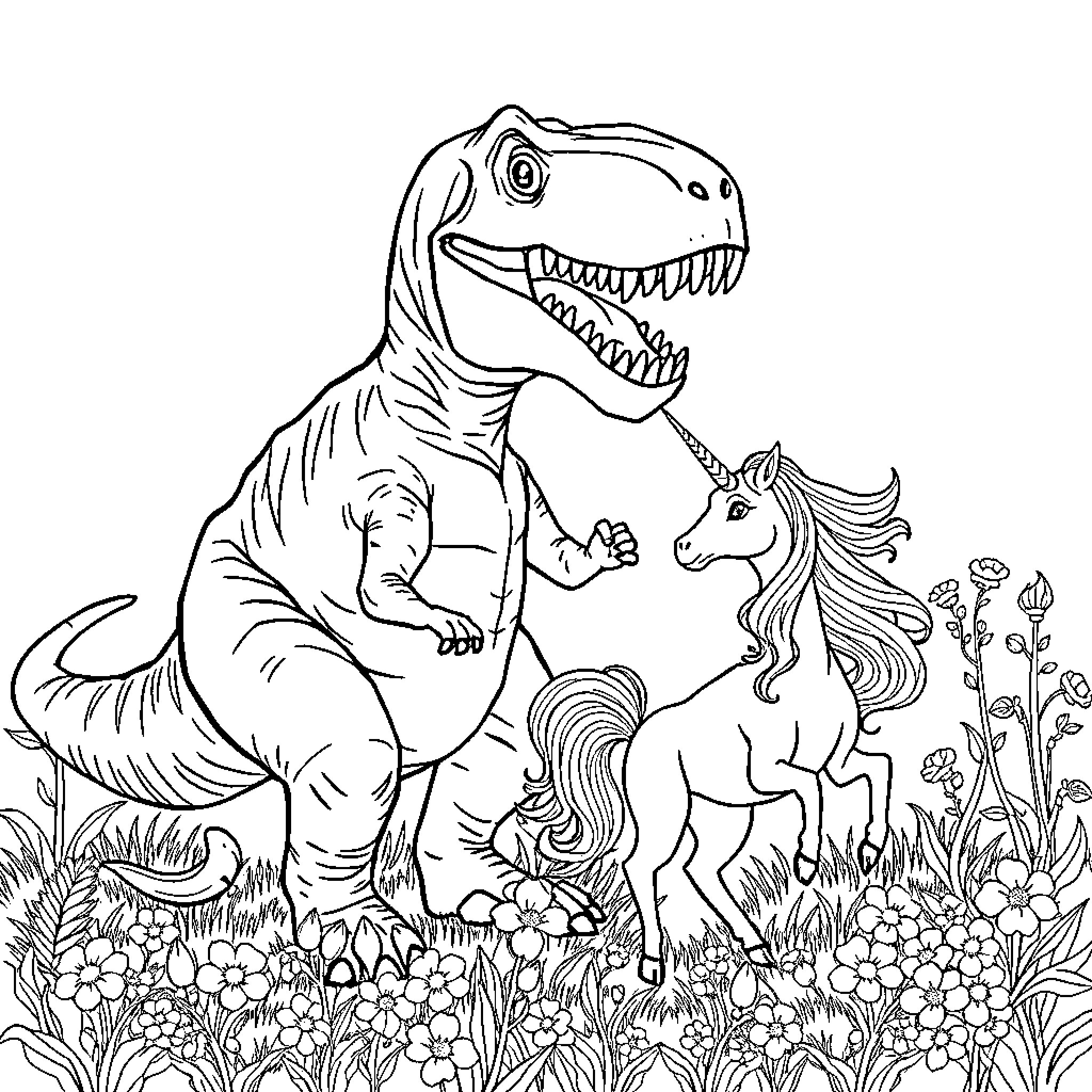 T-Rex Chasing Unicorn in Floral Meadow Coloring Page (free black-and-white line drawing printable PDF for all, from beginners to advanced learners, including children, teens, adults, and seniors)