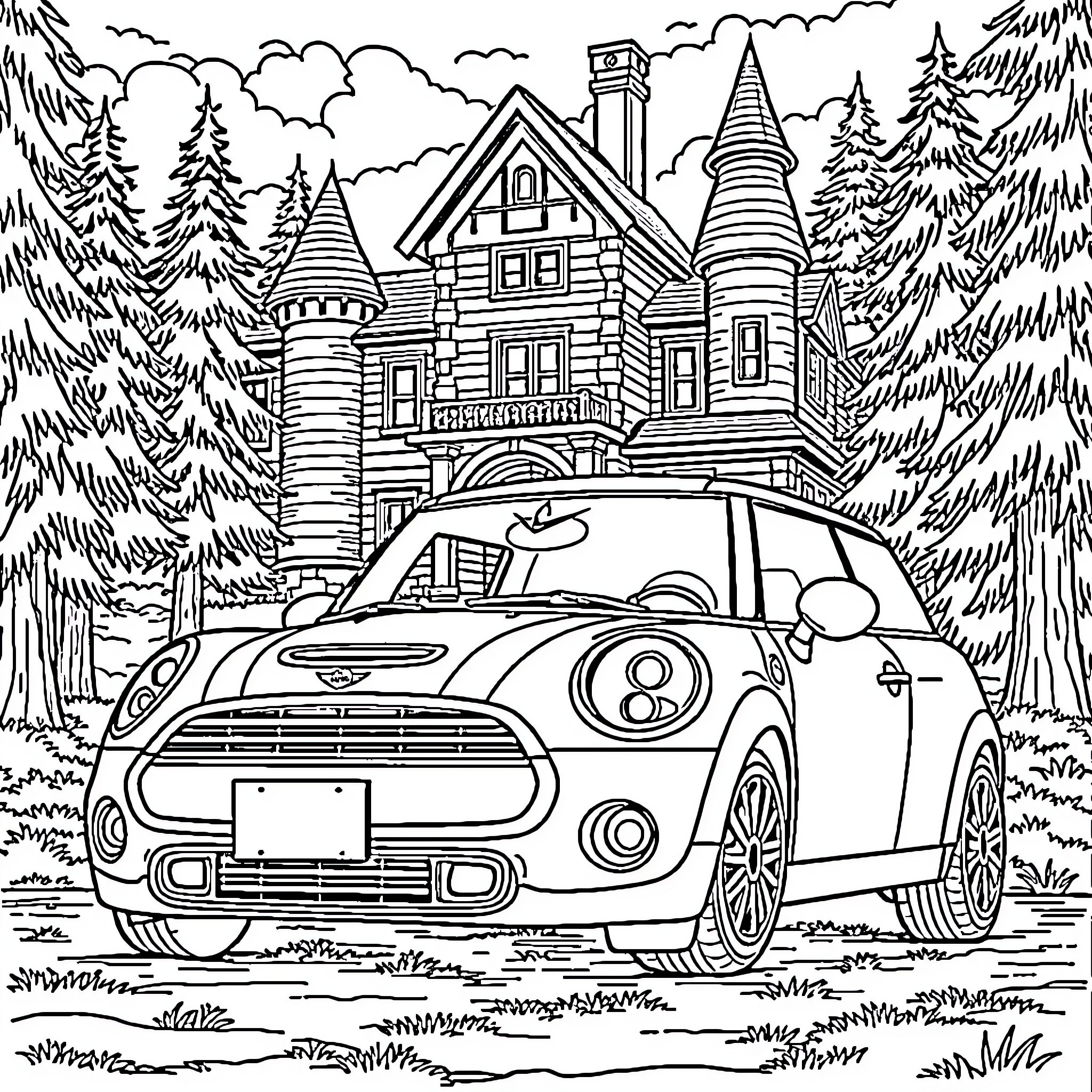 Mini Cooper in a Snowy Cottage Landscape Coloring Page (free black-and-white line drawing printable PDF for all, from beginners to advanced learners, including children, teens, adults, and seniors)