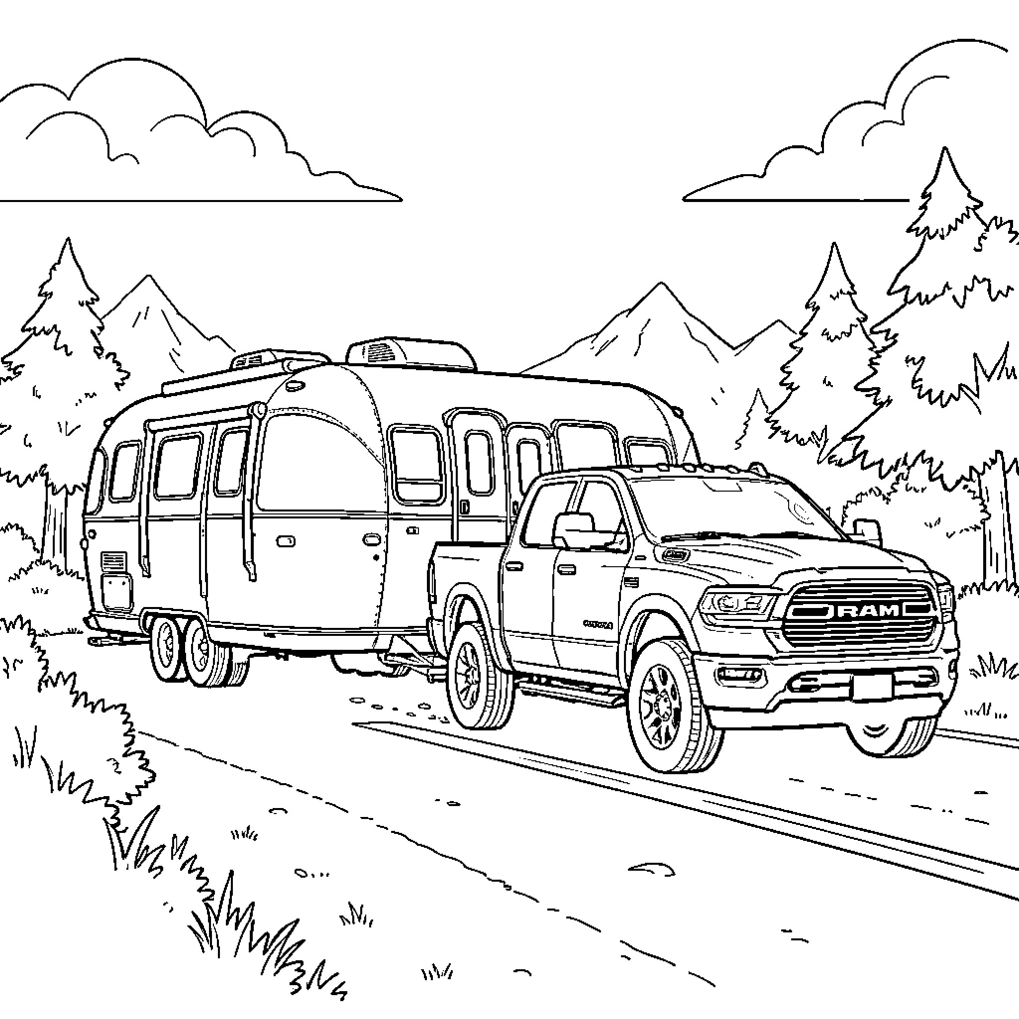 Airstream trailer being towed by a pickup truck Coloring Page (free black-and-white line drawing printable PDF for all, from beginners to advanced learners, including children, teens, adults, and seniors)
