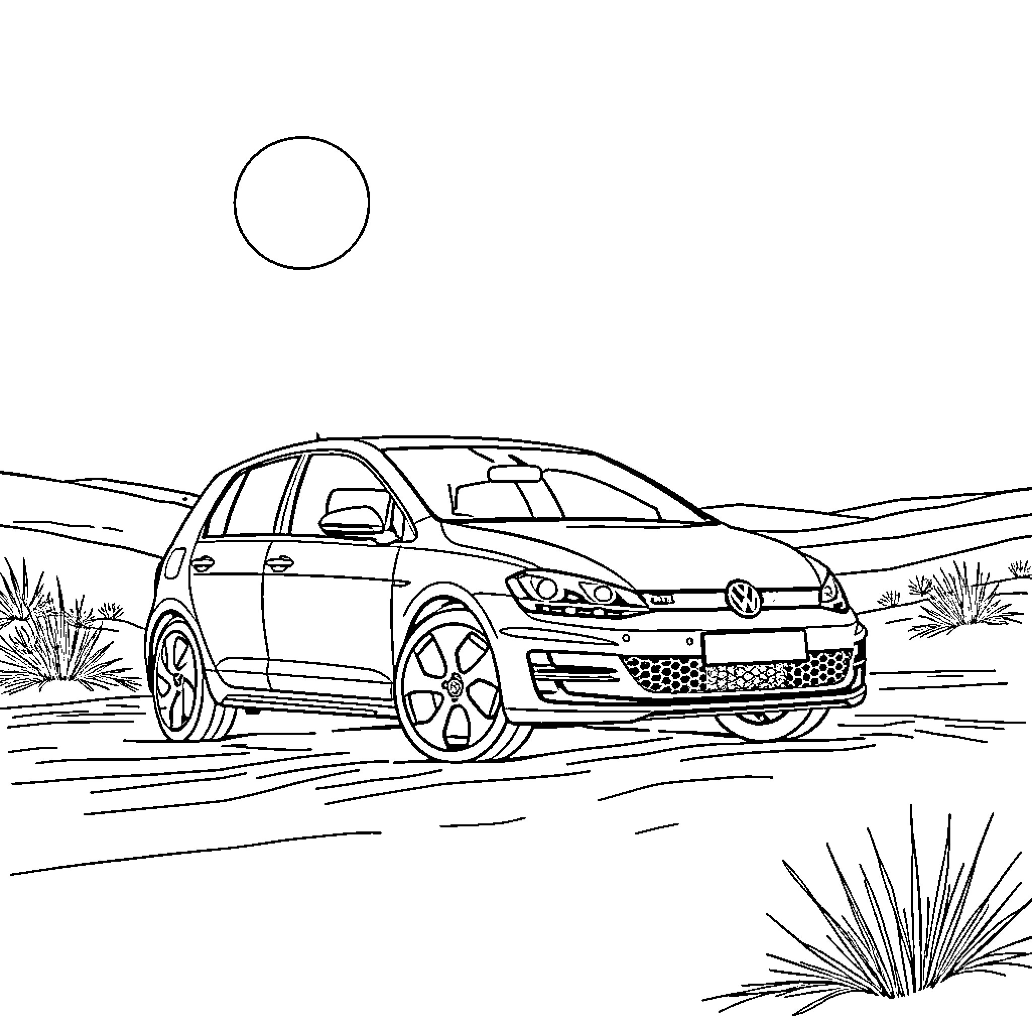 Volkswagen GTIMK6 driving in outdoor scenery Coloring Page (free black-and-white line drawing printable PDF for all, from beginners to advanced learners, including children, teens, adults, and seniors)