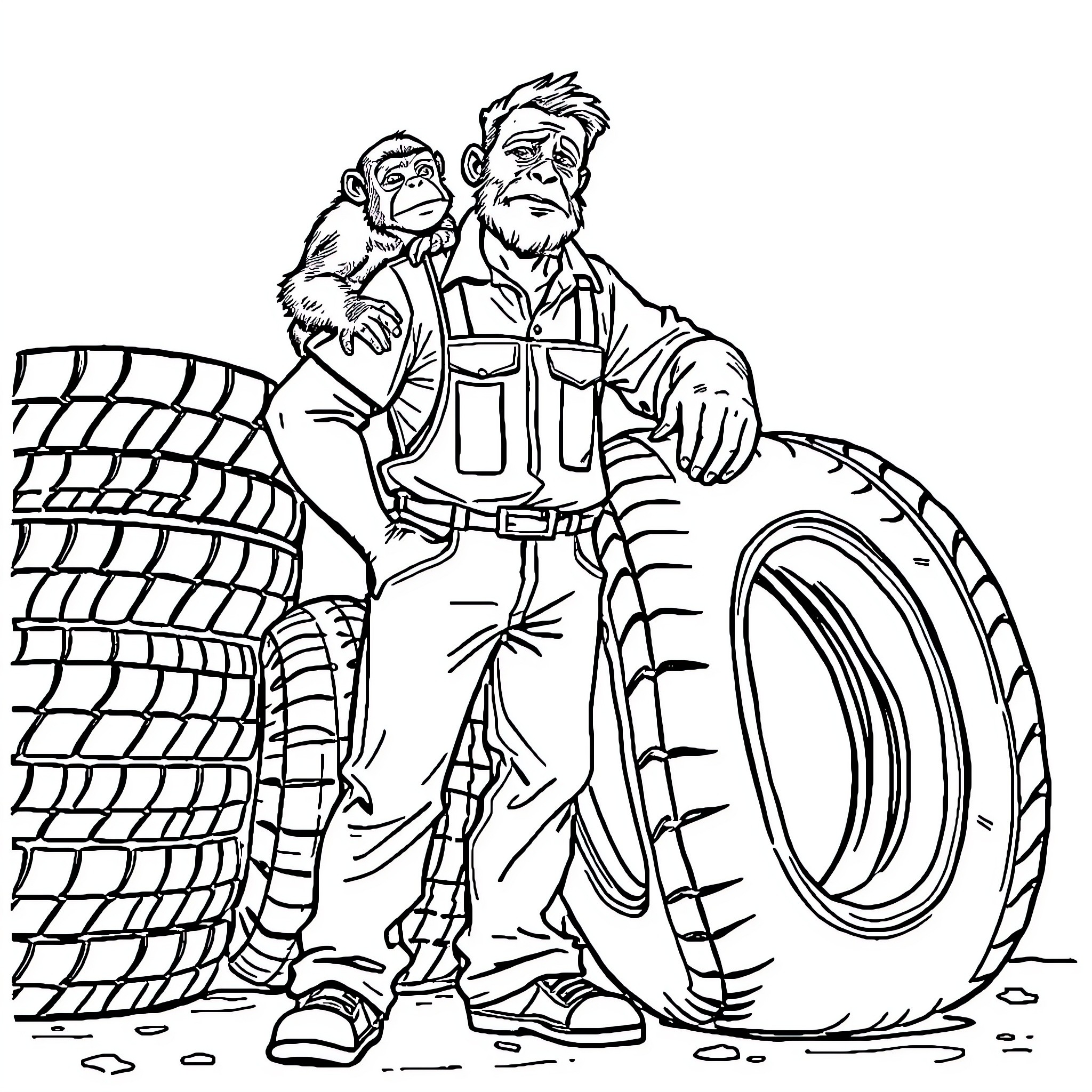 Tire Mechanics Working Together Coloring Page (free black-and-white line drawing printable PDF for all, from beginners to advanced learners, including children, teens, adults, and seniors)