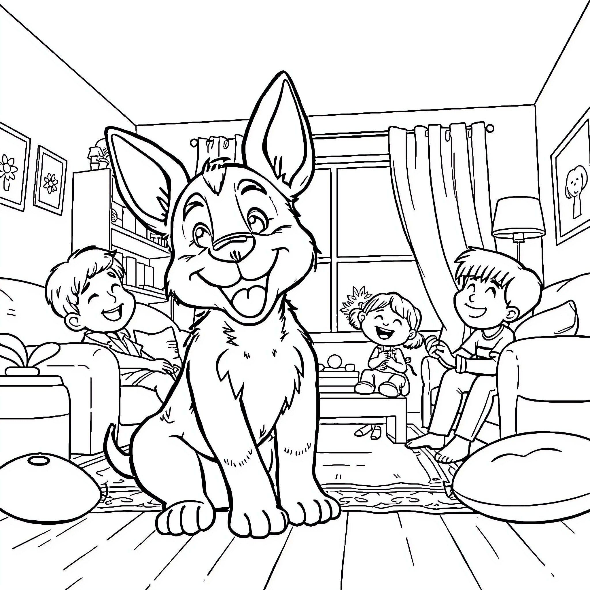 Bluey's Playful Adventure at Home Coloring Page (free black-and-white line drawing printable PDF for all, from beginners to advanced learners, including children, teens, adults, and seniors)