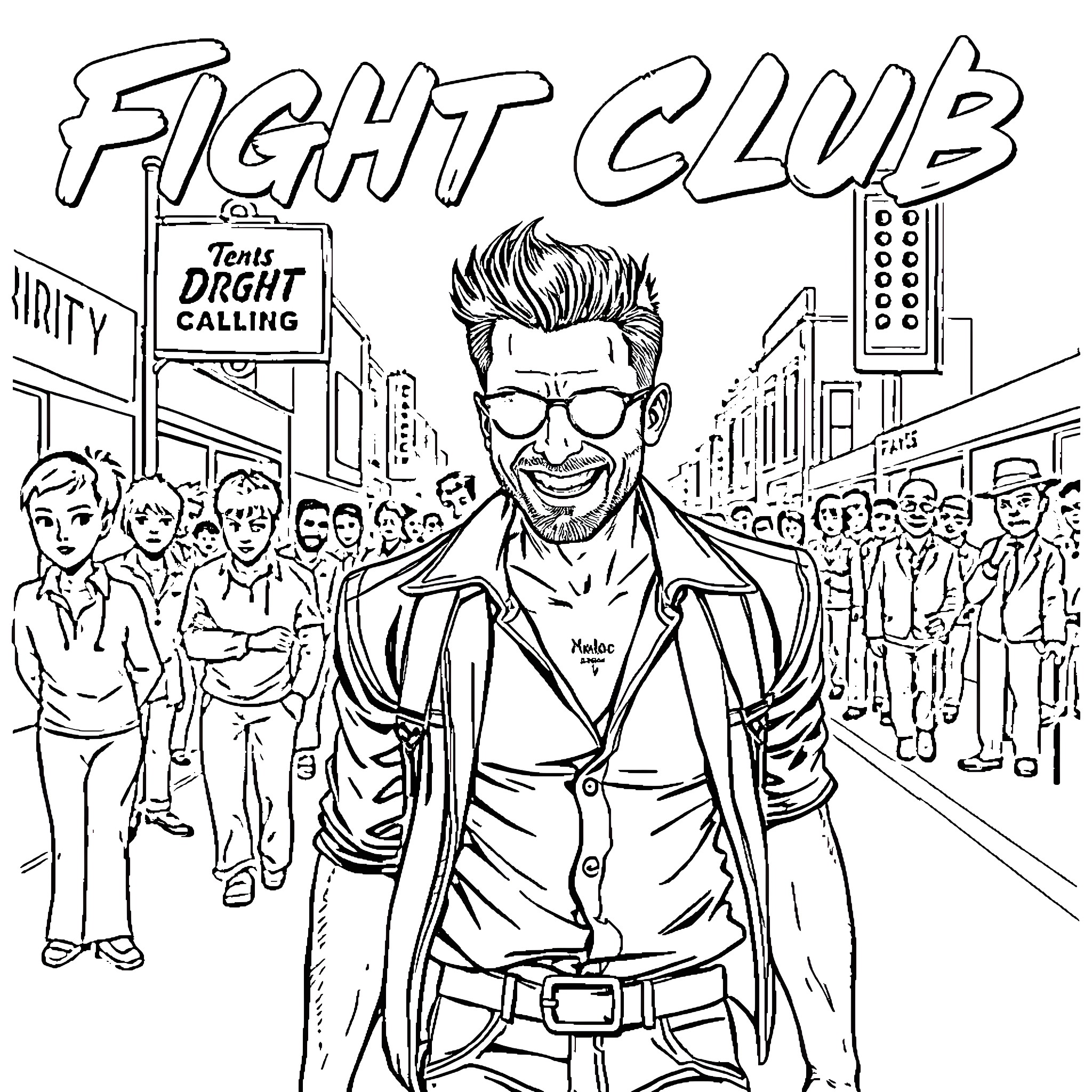 Tyler Durden leads a Fight Club in a city scene Coloring Page (free black-and-white line drawing printable PDF for all, from beginners to advanced learners, including children, teens, adults, and seniors)