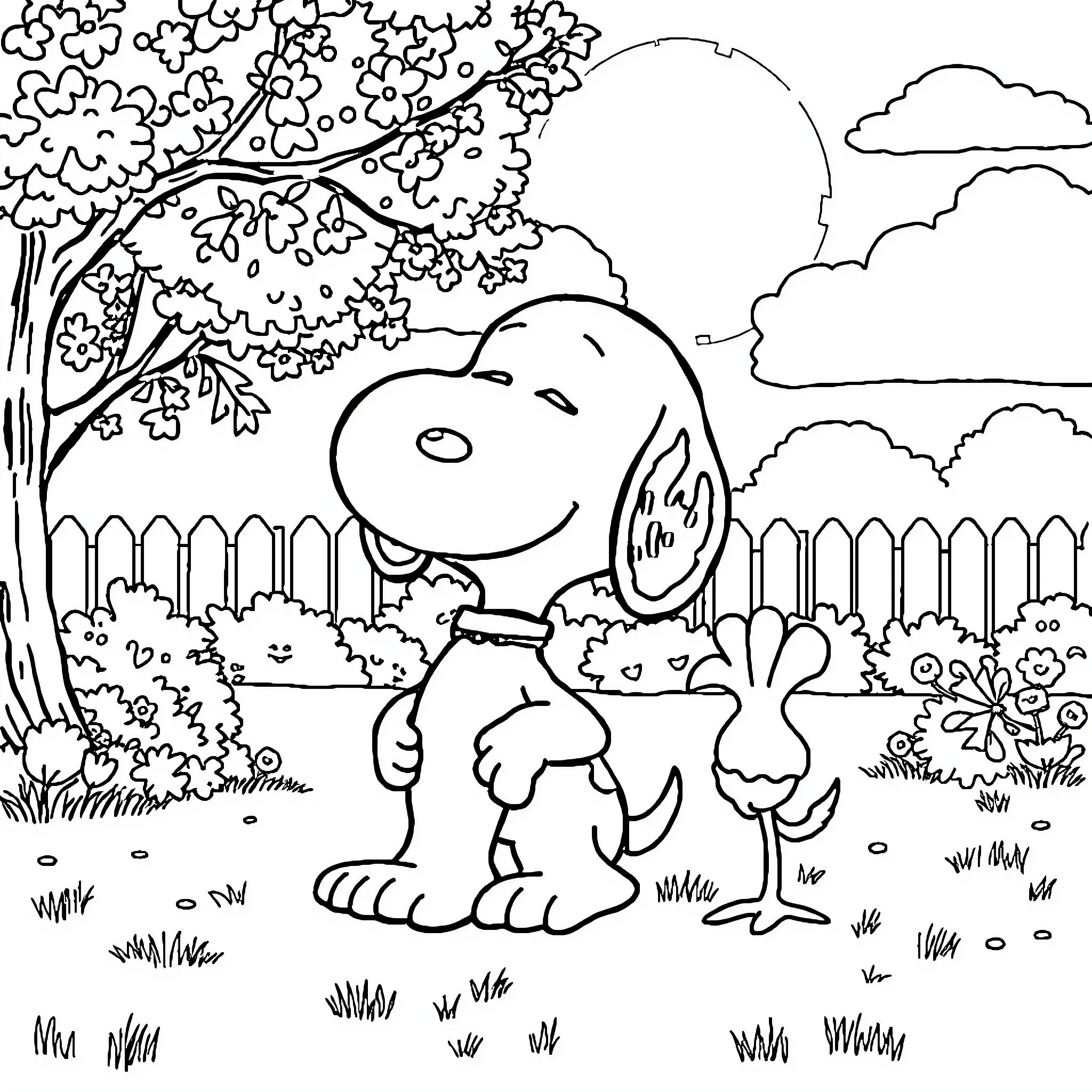 Snoopy exploring the lush garden with joy Coloring Page (free black-and-white line drawing printable PDF for all, from beginners to advanced learners, including children, teens, adults, and seniors)