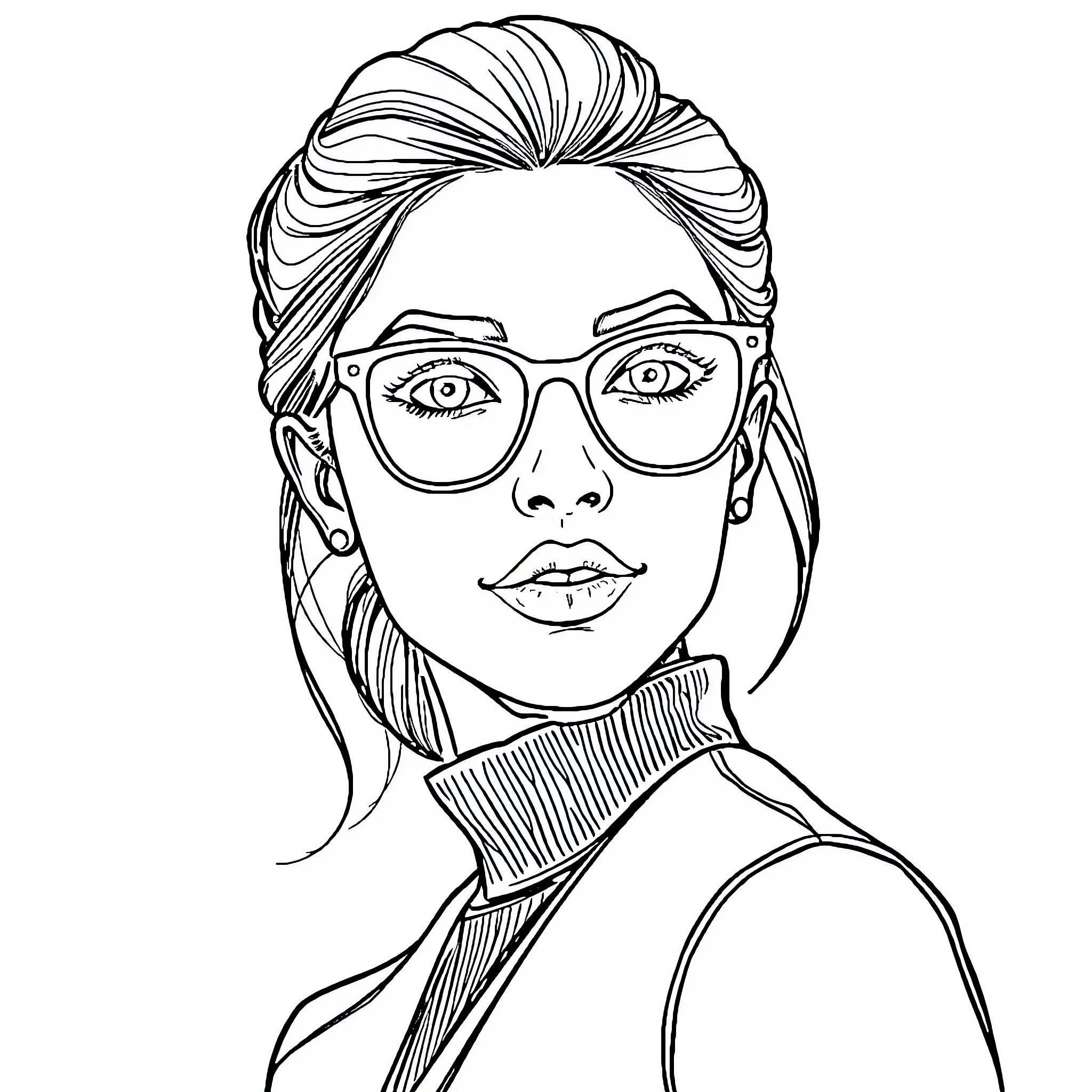 Girl with Glasses and Updo Hairstyle Coloring Page (free black-and-white line drawing printable PDF for all, from beginners to advanced learners, including children, teens, adults, and seniors)