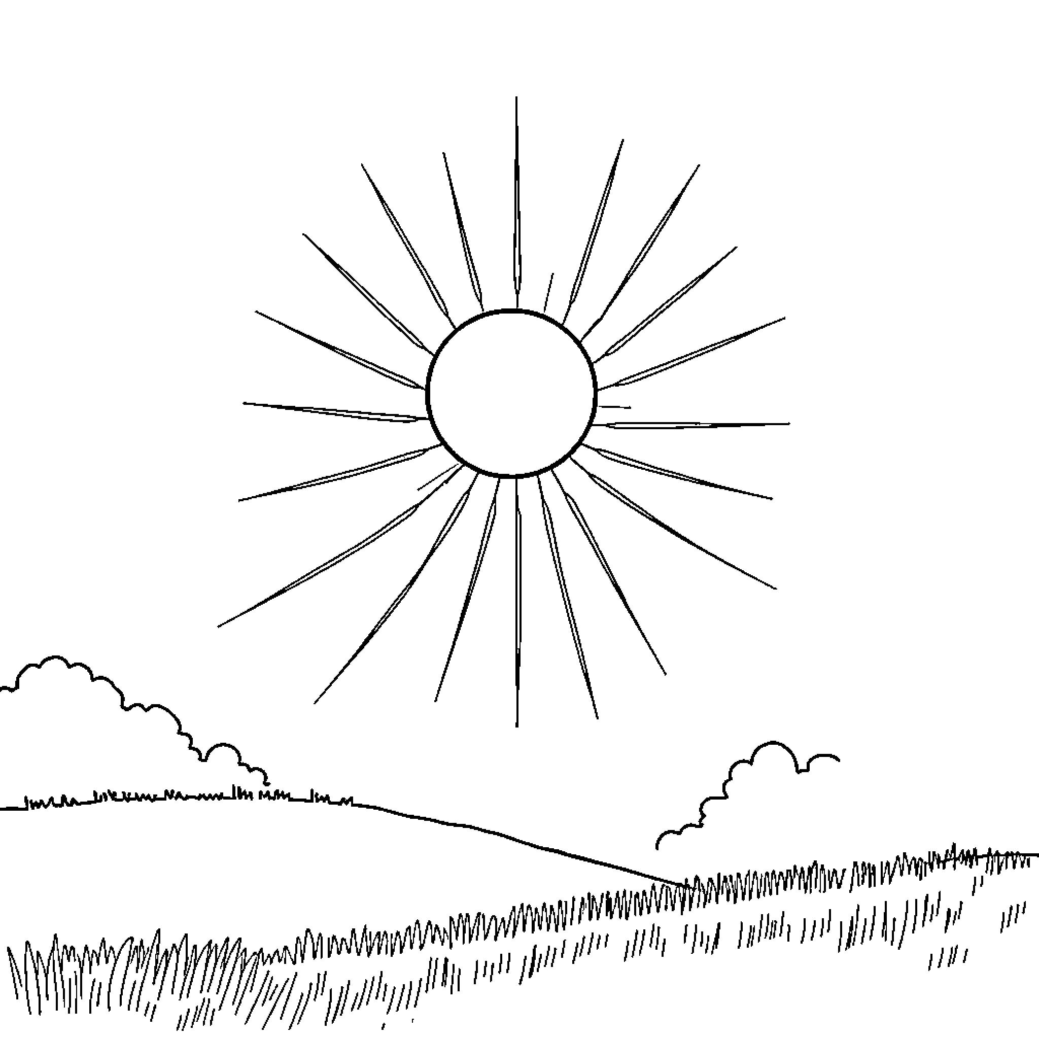 Sun shining brightly over a grassy field Coloring Page (free black-and-white line drawing printable PDF for all, from beginners to advanced learners, including children, teens, adults, and seniors)