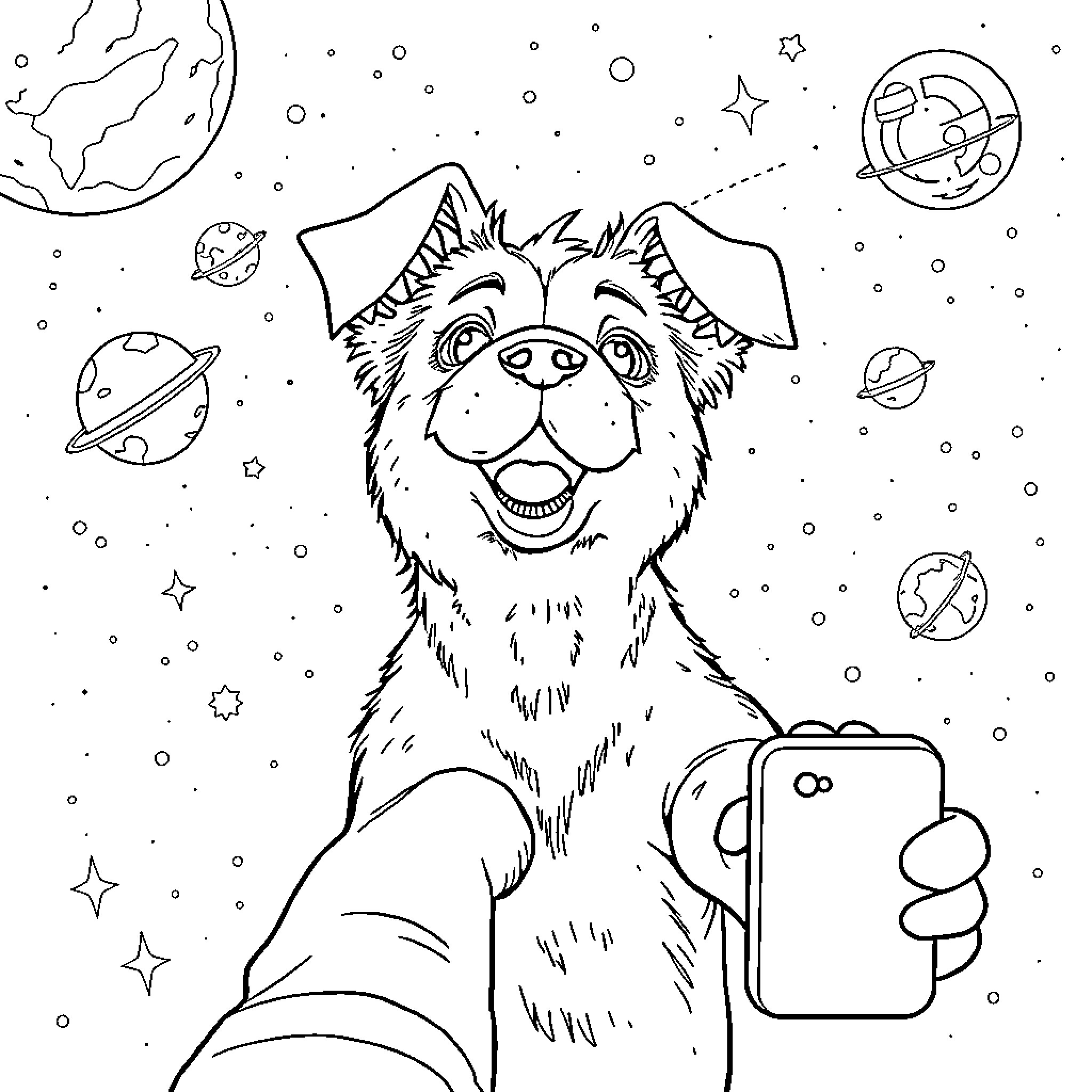 Dog taking a selfie in space Coloring Page (free black-and-white line drawing printable PDF for all, from beginners to advanced learners, including children, teens, adults, and seniors)