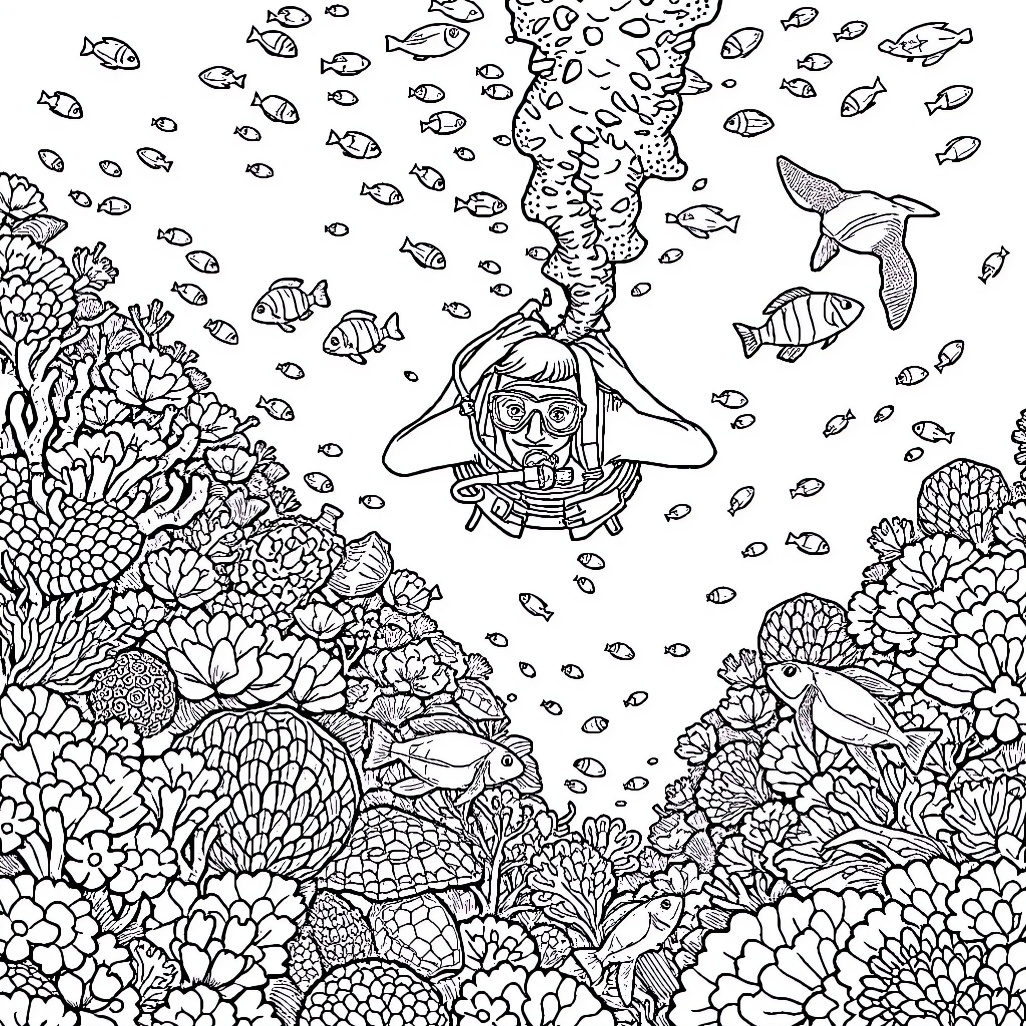 Scuba Diver exploring vibrant underwater coral reef Coloring Page (free black-and-white line drawing printable PDF for all, from beginners to advanced learners, including children, teens, adults, and seniors)