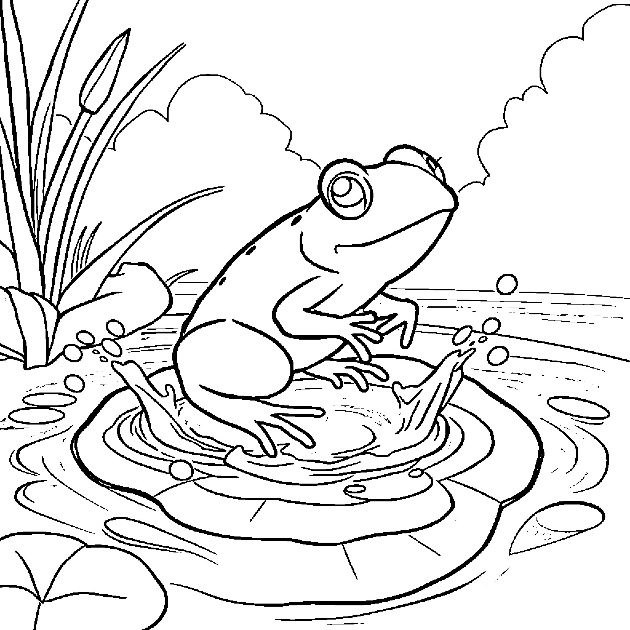 Frog relaxing in a pond Coloring Page (free black-and-white line drawing printable PDF for all, from beginners to advanced learners, including children, teens, adults, and seniors)