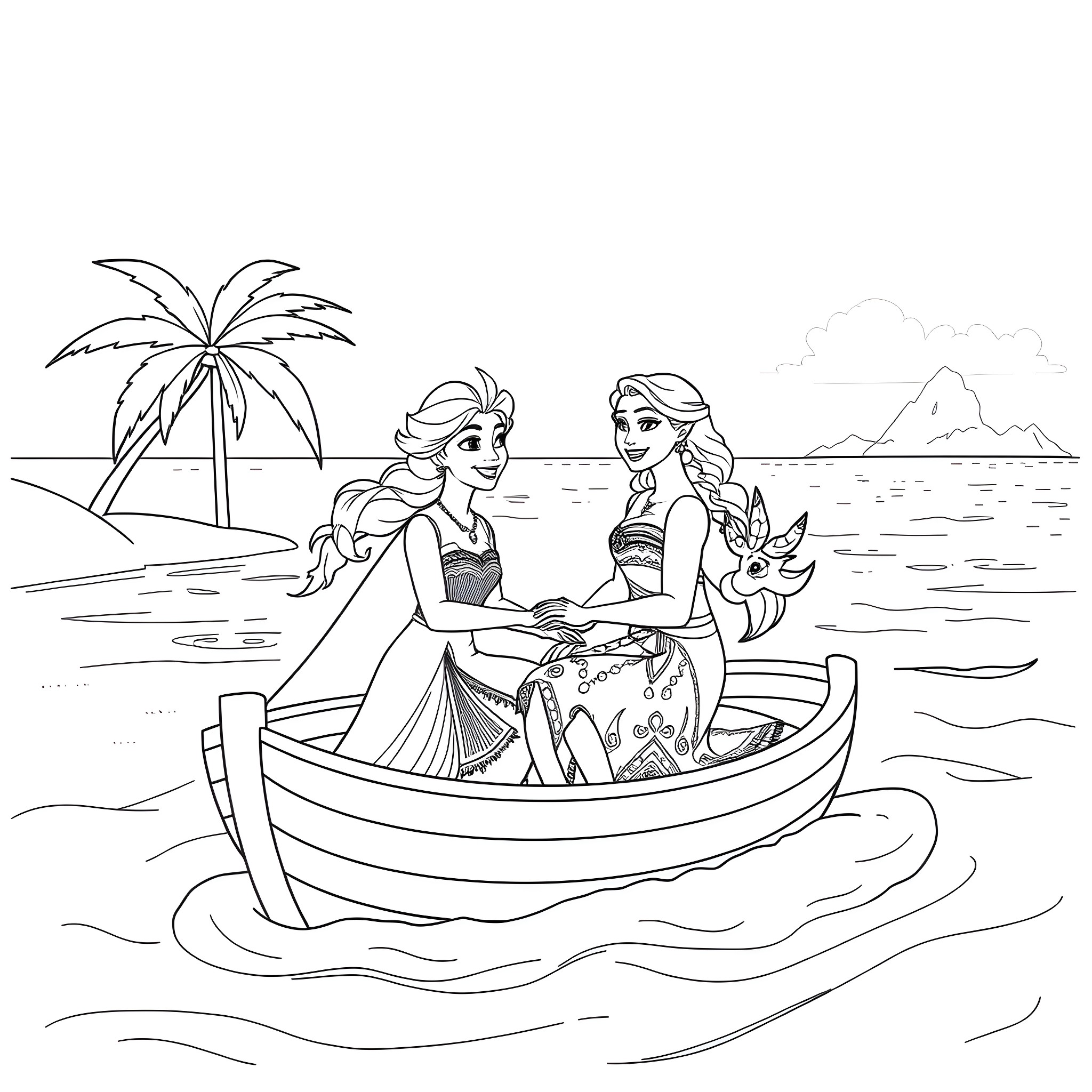 Elsa and Anna enjoying a boat ride on the beach Coloring Page (free black-and-white line drawing printable PDF for all, from beginners to advanced learners, including children, teens, adults, and seniors)