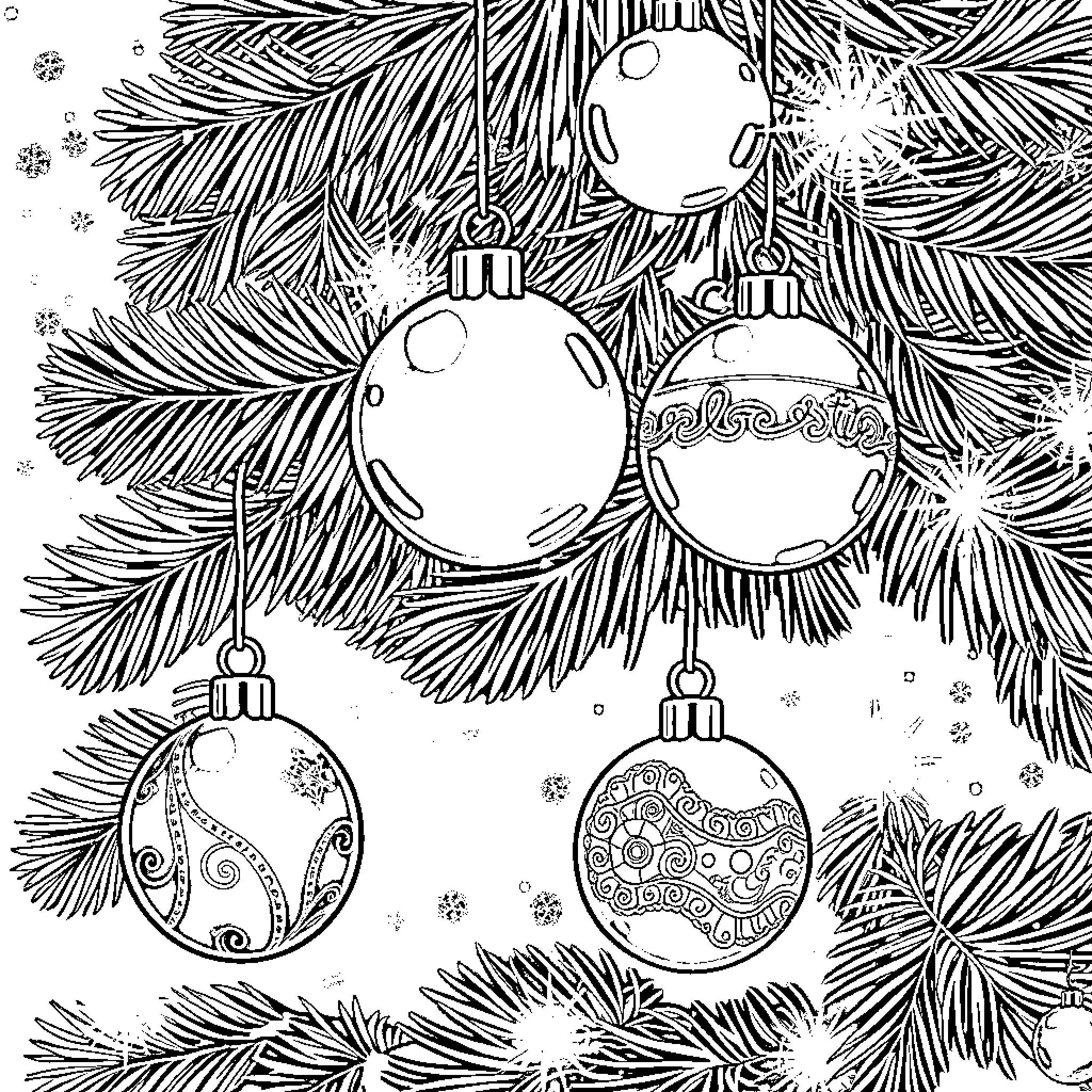 Bauble ornaments on a pine tree Coloring Page (free black-and-white line drawing printable PDF for all, from beginners to advanced learners, including children, teens, adults, and seniors)